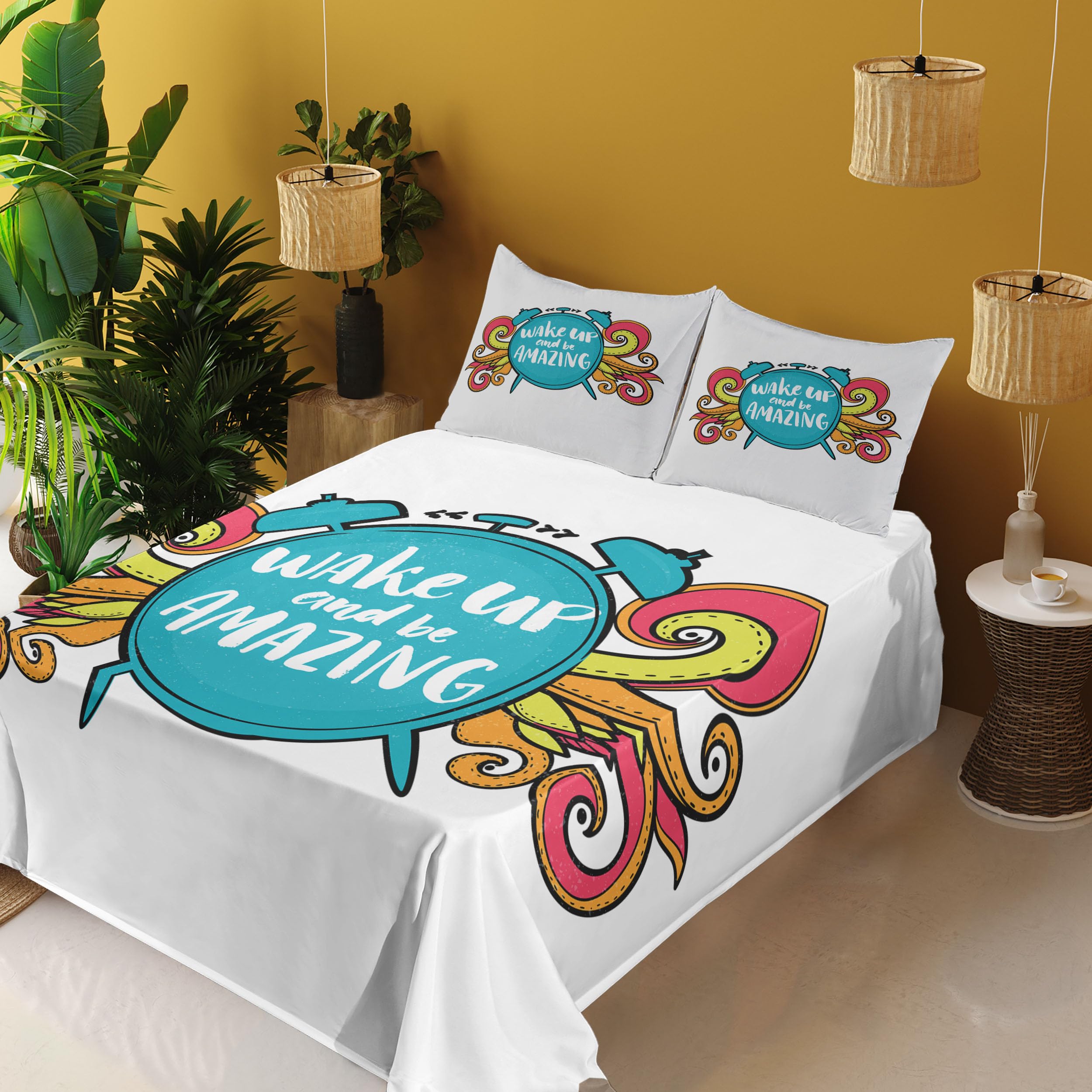 Ambesonne Motivational Bed Sheet Set - Wake Up & Be Positive 4-Piece King Size, Sky Blue & Dark Coral - Includes Fitted Sheet, Flat Sheet & Pillowcases - Perfect for Uplifting Morning Routine & Inspirational Bedroom Decor