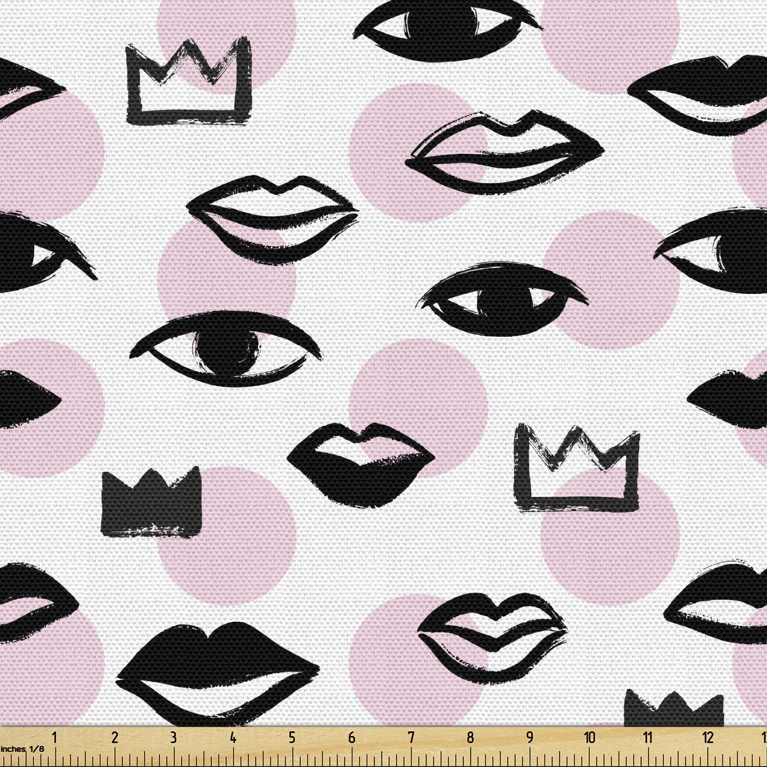 Ambesonne Love Fabric by The Yard - Handmade Brush Drawn Lips, Eyes & Crowns on Polka Dot Background - 10 Yards Rose Charcoal Grey Decorative Fabric for Upholstery, DIY Projects, Home Decor & Crafting - Perfect for Throw Pillows, Curtains & Table Runners
