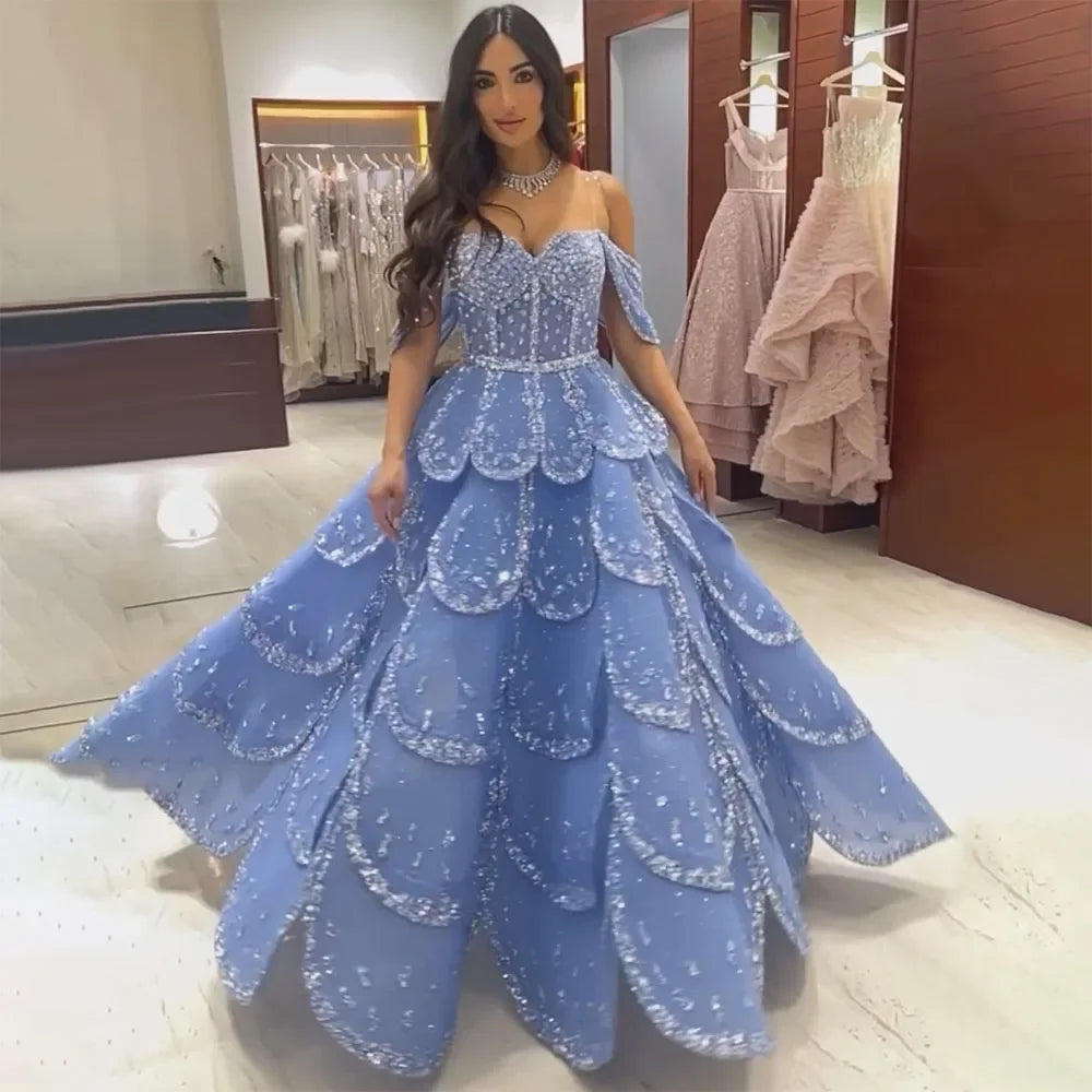 Luxury Beaded Blue A-Line Evening Gown for Women - Arabic Dubai Inspired Wedding Party Dress 2025 | Elegant Formal Gowns for Prom, Bridal Shower & Special Occasions