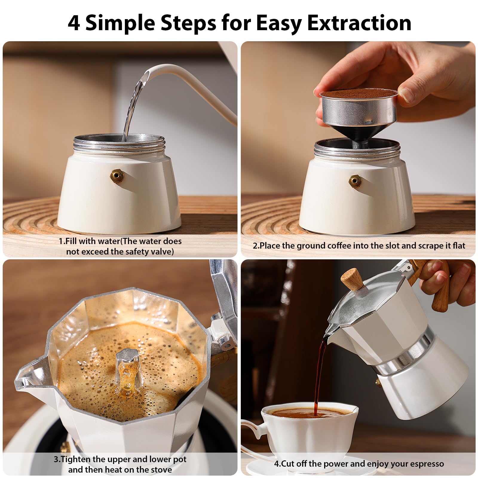 Bincoo 2 Cup (120ML) Stovetop Espresso Maker - Italian Moka Pot for Camping & Home Use - Easy to Use Coffee Maker (White) - Perfect for Outdoor Adventures & Morning Coffee Rituals