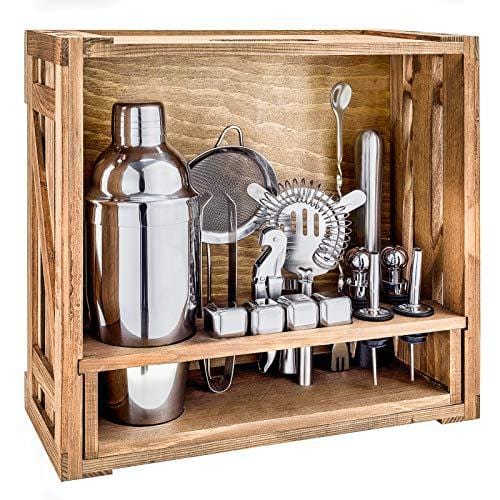 18-Piece Stainless Steel Cocktail Shaker Set with Rustic Pine Stand - Bartender Kit & Bar Tools for Home, Bars, Parties - Perfect Gift for Men, Dad, Grandpa (Silver) | Ideal for Mixing Drinks, Home Entertaining & Holiday Gifts