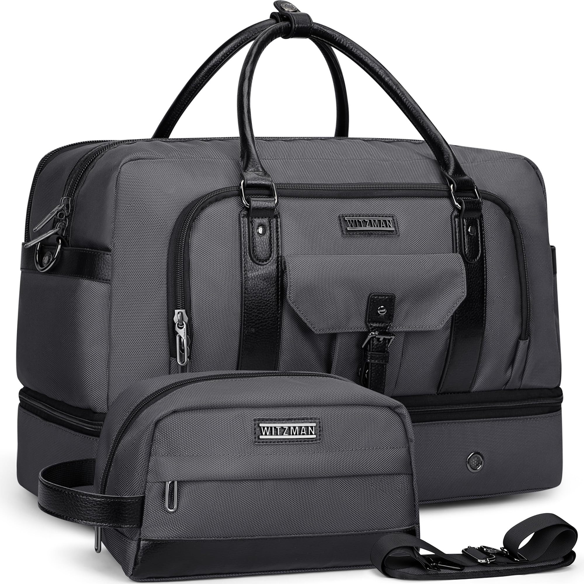 WITZMAN Weekender Travel Duffle Bag for Men & Women - Carry On Overnight Bag with Toiletry Pouch & Shoe Compartment (B694 Silvery Grey) - Perfect for Gym, Business Trips & Weekend Getaways