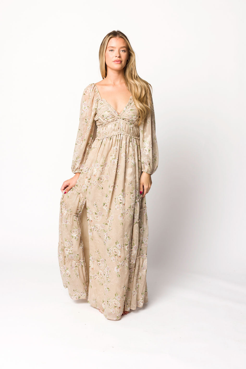 Stylish Daphne Long Sleeve Maxi Dress in Beige Multi Floral Print - Bump Friendly Maternity & Inclusive Sizing (XS to 3XL) - Perfect for Casual Outings, Baby Showers & Special Occasions
