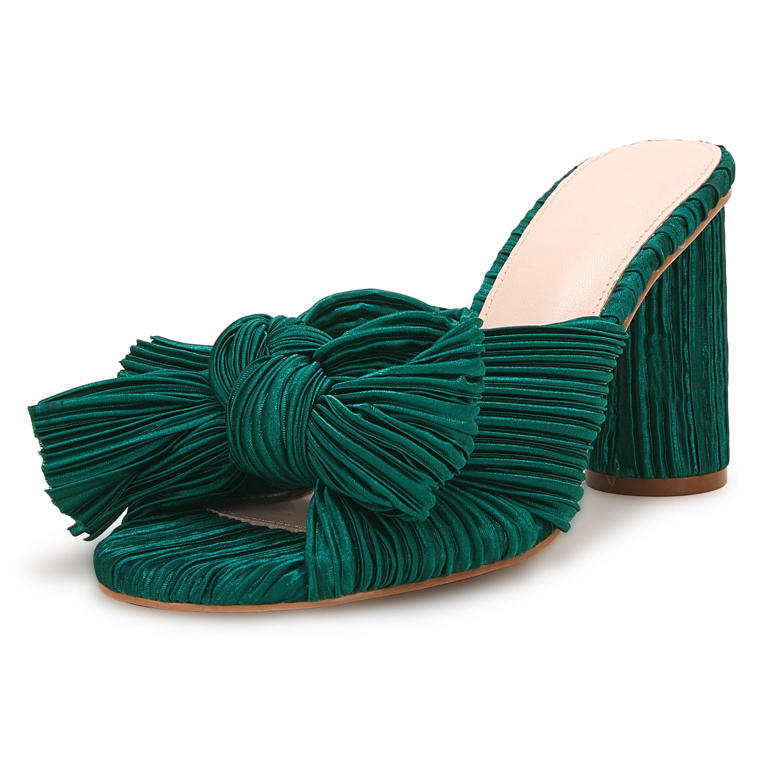 VETASTE Women's Pleated Bow Knot Heeled Sandals - Comfortable Slip-On Open Toe Block Chunky Heel Slides for Wedding, Bridal, Party & Dress Occasions | Perfect for Bridesmaids, Prom & Formal Events