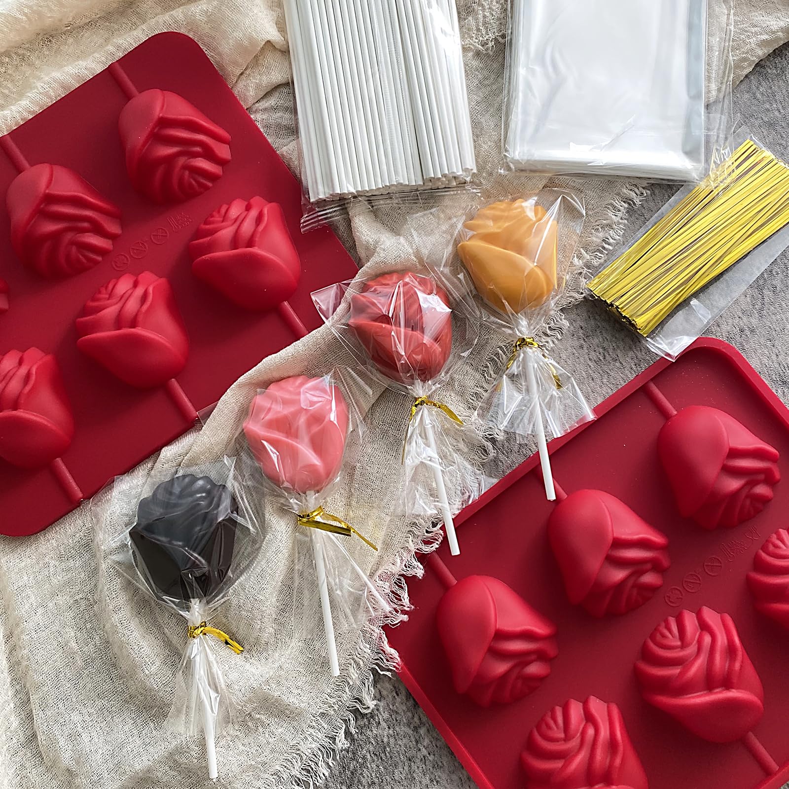 2 Pack Rose Silicone Chocolate Candy Molds with 100 Sticks - 3D Rose Flower Lollipop Molds for Cake Pops, Jelly, Soap & Hard Candy Making - Perfect for DIY Desserts, Party Favors & Gift Packaging