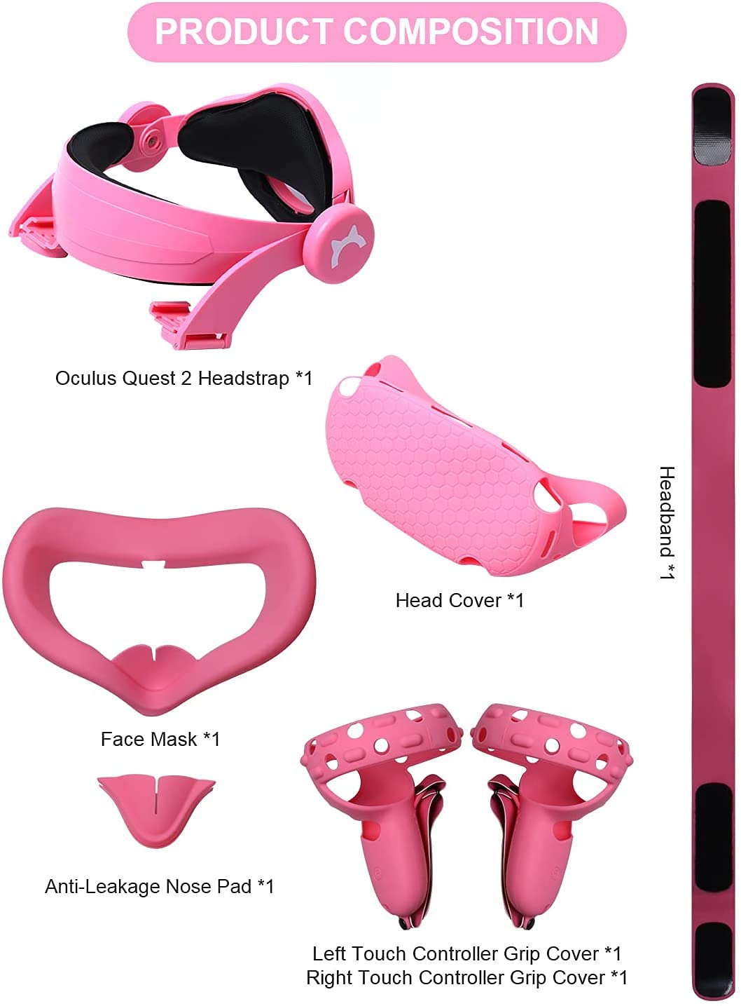 MODJUEGO Adjustable Head Strap for Oculus Quest 2 with Silicone Touch Controller Grips, VR Face Cover & Shell - Pink Replacement Accessories for Enhanced Comfort & Protection | Perfect for VR Gaming, Fitness & Extended Play Sessions