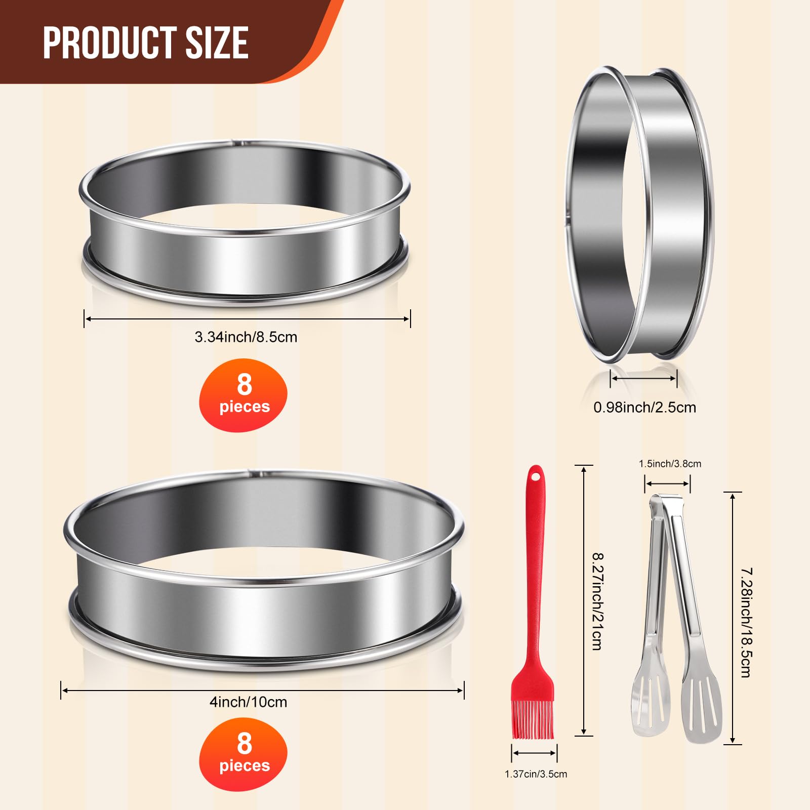 16 Pack Stainless Steel English Muffin Rings & Crumpet Rings Set - 4 Inch & 3.3 Inch Double Rolled Tart Rings, Round Cake Molds for Baking - Perfect for Homemade Pastries, Muffins, Tarts & Desserts - Includes Silicone Brush & Clamp for Easy Baking