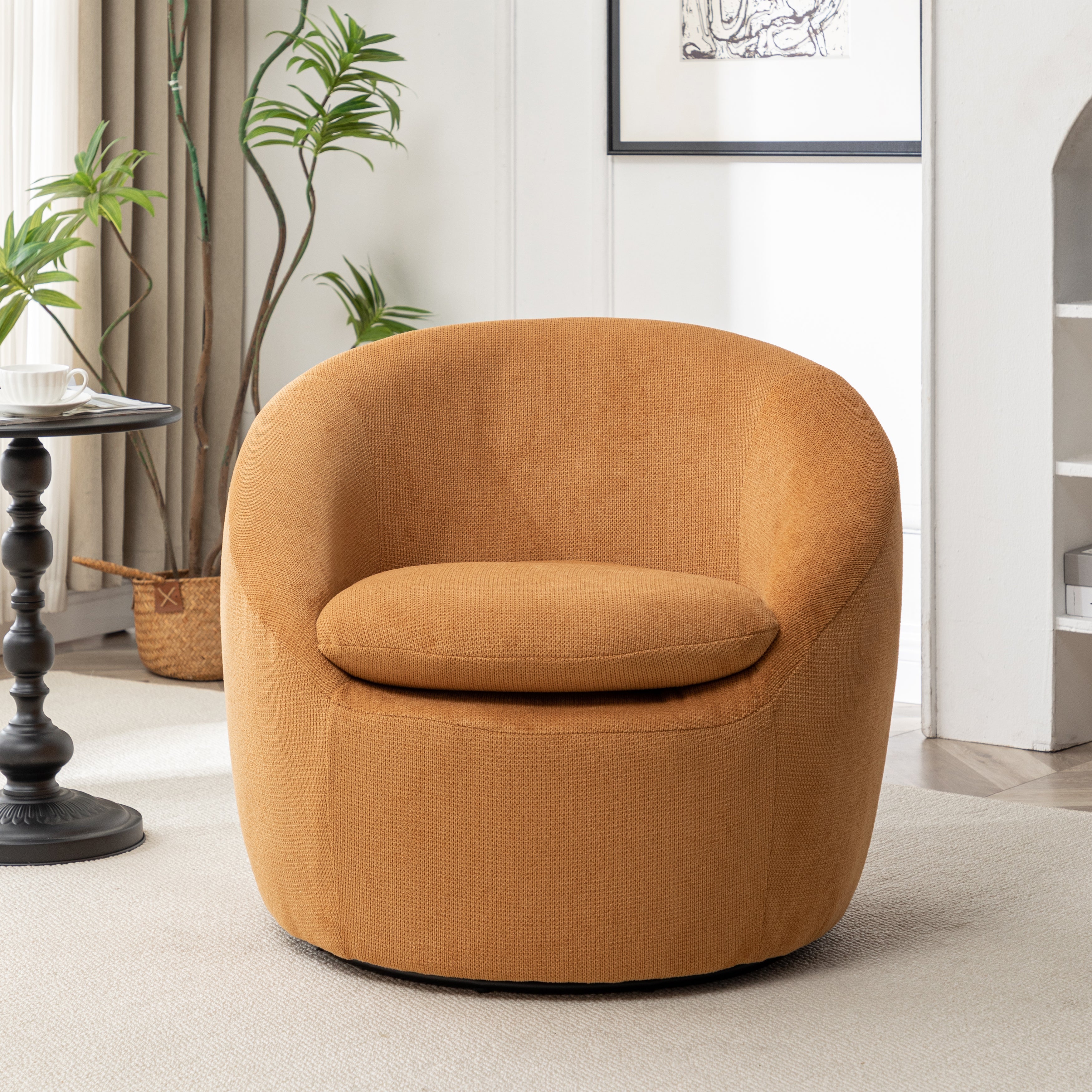 Roundhill Furniture Winnie Modern Barrel Chair - 360° Swivel Accent Chair with Upholstered Seat & Metal Base for Living Room, Bedroom or Office