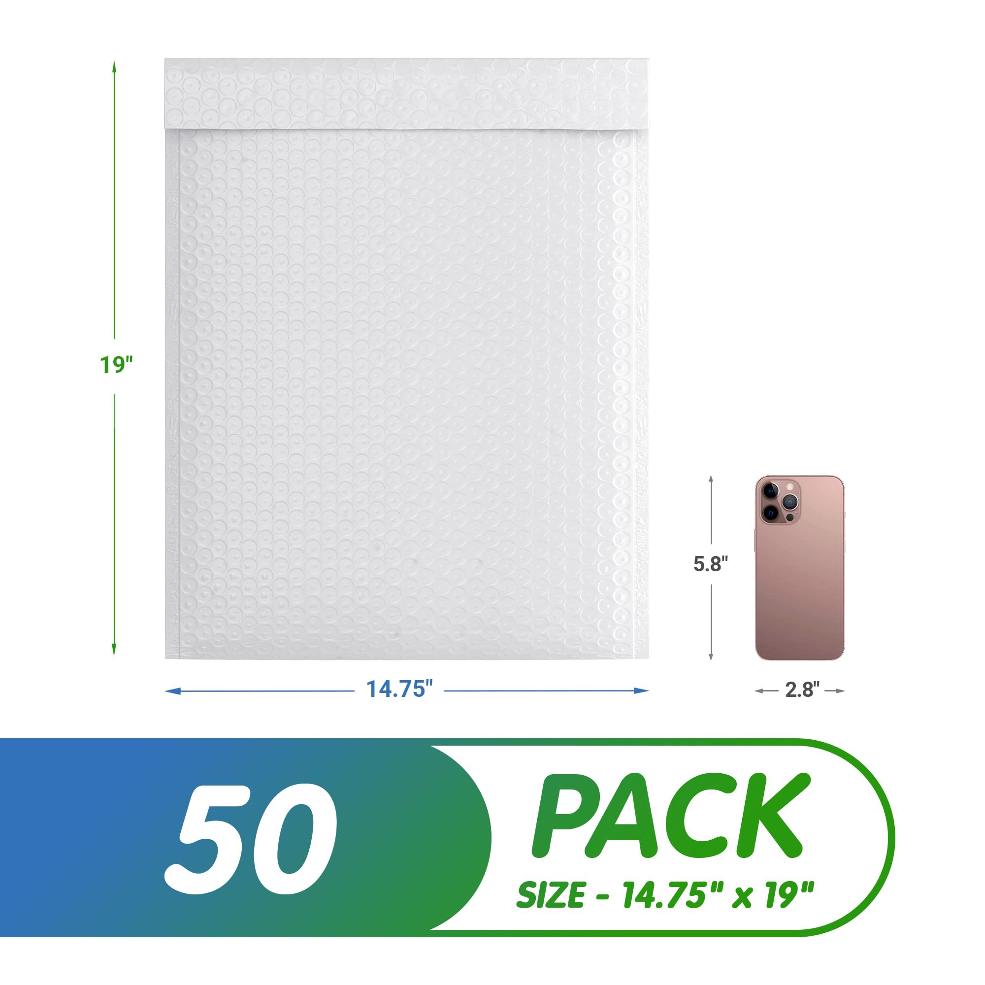 White Poly Bubble Mailers Self Seal, 14.75 x 19 Inch - 50 Pack Bubble Padded Envelopes for Shipping | Durable Waterproof Mailing Bags | Perfect for Ecommerce, Amazon FBA & Small Business Shipping