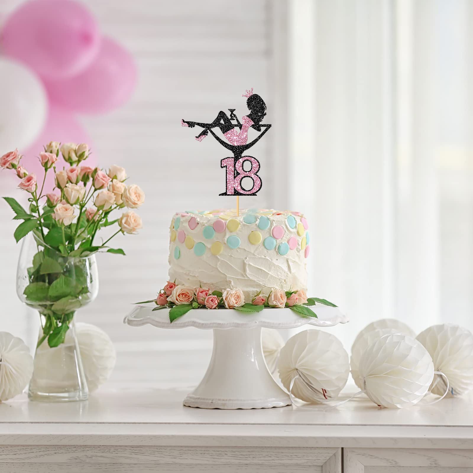 18th Birthday Cake Topper - Glamorous Sitting Girl with Black & Pink Glitter for Makeup Spa Theme Party Decorations | Perfect for Sweet 16, Quinceañera & Teen Birthday Celebrations