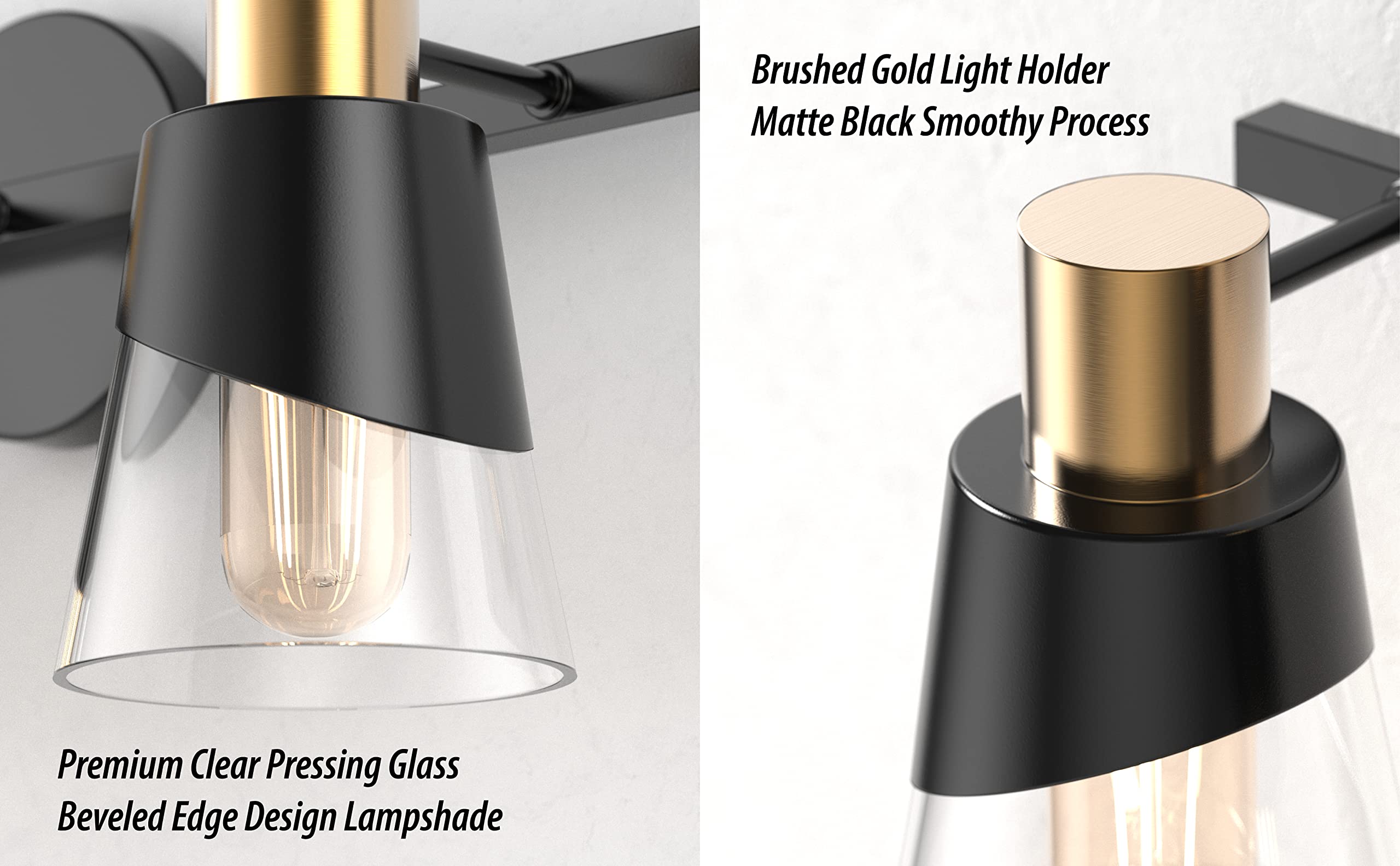 URSOLA 4-Light Bathroom Vanity Lighting Fixture - 28.34 Inch Black & Gold Wall Sconce with Beveled Edge & Clear Glass Shade - Perfect for Bathroom Mirror Lighting, Powder Room, and Spa-Like Ambience