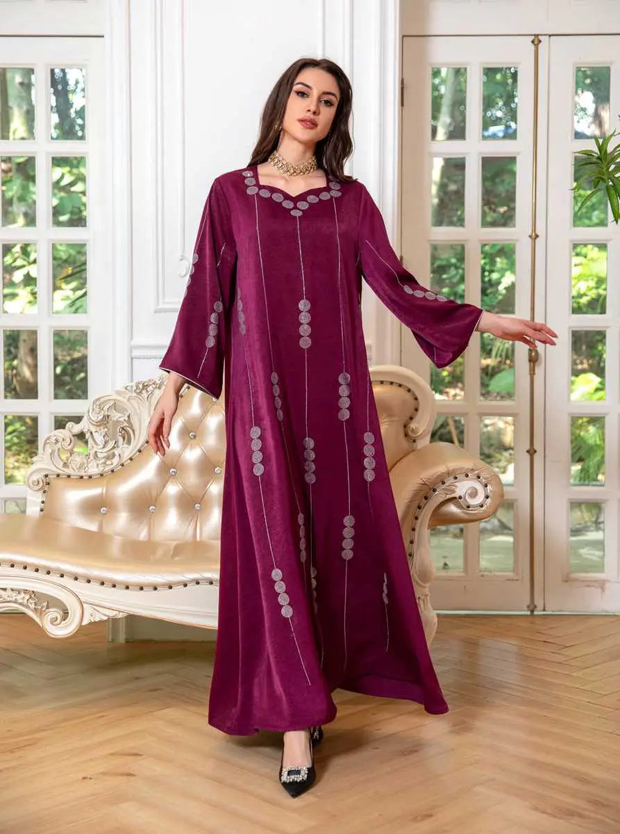 Elegant Hotfix Rhinestone Satin Jalabiya Caftan Dress for Women - Perfect for Eid Celebrations, Weddings & Special Occasions