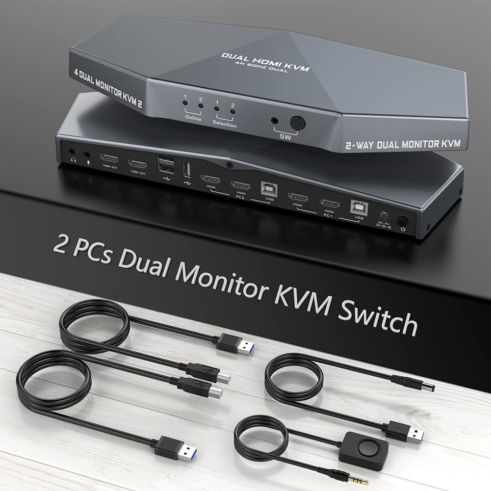 Guindxan Dual Cut KVM Switch with Audio Output - 2 Port Keyboard Mouse Video Switcher for PC & Mac - Ideal for Home Office, Gaming & Multi-Device Workspaces