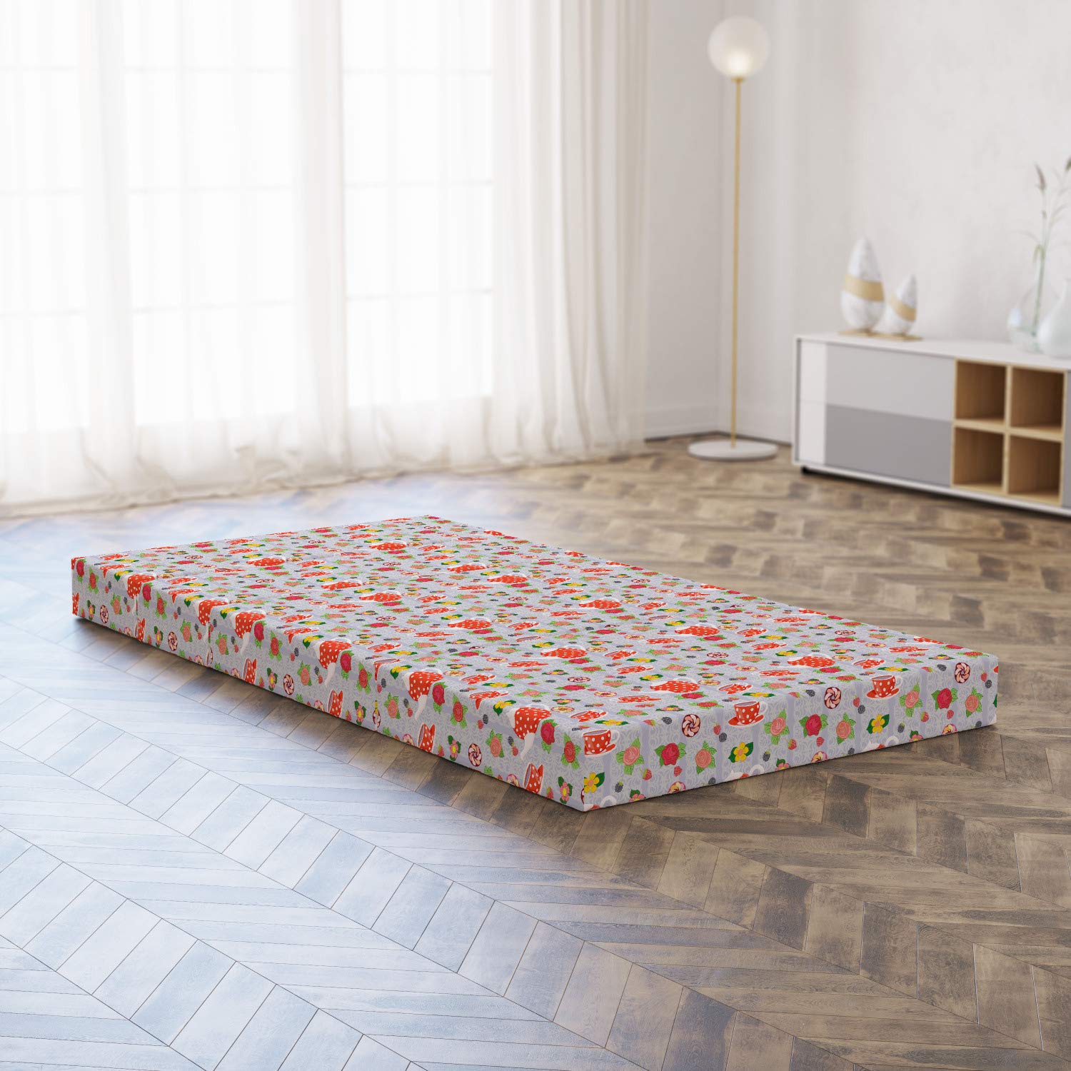 Ambesonne Colorful Foldable Mattress with Cartoon Tea Pots & Roses Design - 74.8
