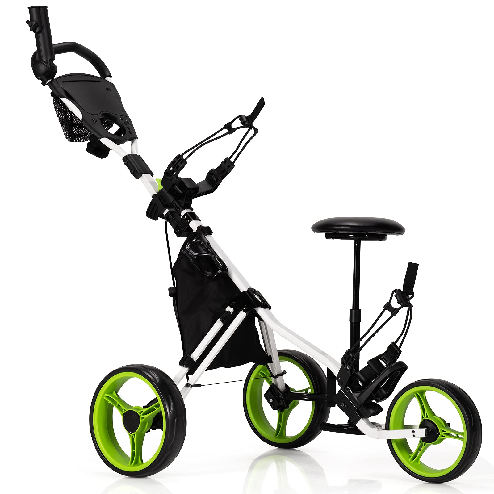 GYMAX 3-Wheel Foldable Golf Push Cart - Adjustable Height Lightweight Golf Caddy with Umbrella Holder, Hydraulic Seat, Storage Bag & Cup Holder | Golf Trolley for Clubs | Perfect for Golf Courses, Driving Ranges & Outdoor Practice