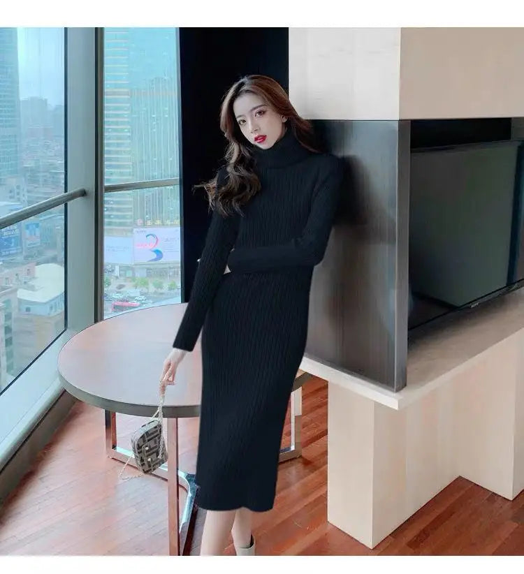 Women's White & Black Knit Sweater Dress - Long Sleeve Turtleneck Wrap Hip Dress for Fall Winter | Casual Office Wear & Holiday Outfit