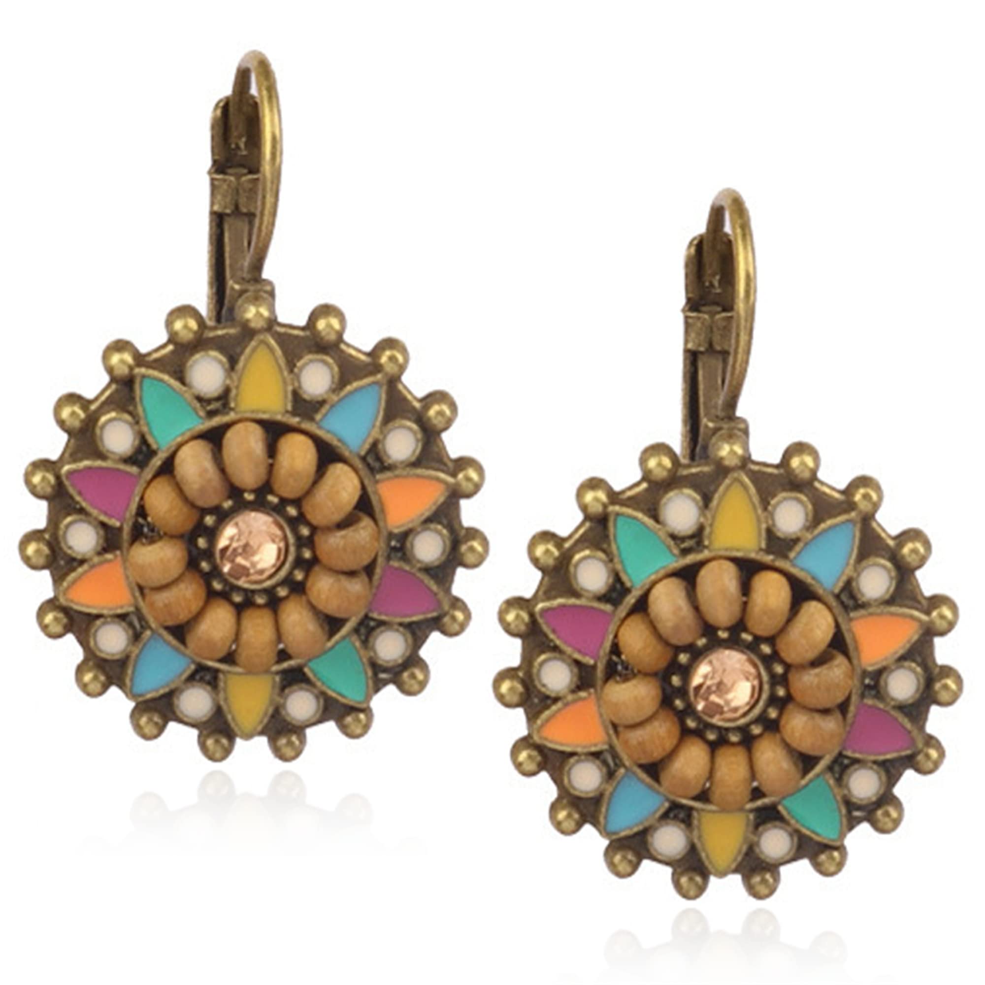 Bohemian Vintage Crystal Round Flower Leverback Earrings - Colorful Boho Retro Bronze Beaded Floral Dangle Drop Earrings for Women | Perfect for Festivals, Parties & Everyday Wear