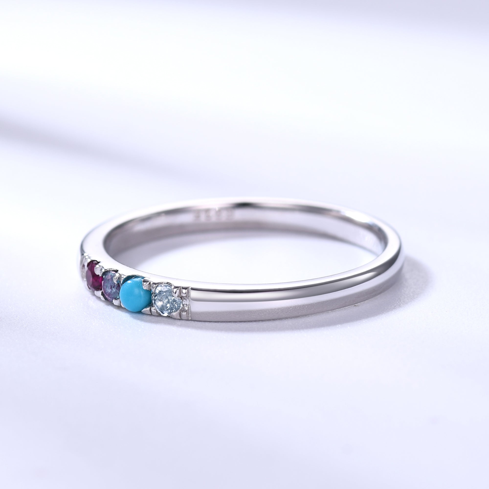 2mm Personalized Birthstone Gold Ring for Mother - Ruby, Alexandrite, Turquoise, Topaz 4 Stone Dainty Band - Perfect Gift for Birthday, Anniversary & Mother's Day