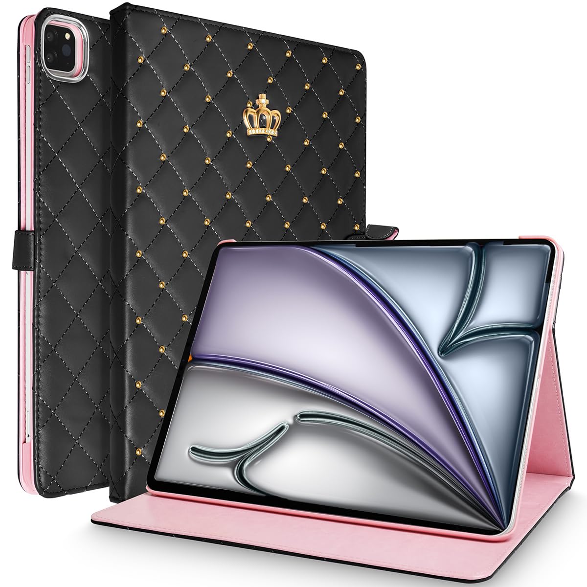 Topwin Cute Crown Case for iPad Air 11-inch M2 & iPad Pro 11 Inch - Bling Diamond PU Leather Smart Cover with Auto Sleep/Wake Function (Black) | Perfect for Work, School & Travel Protection