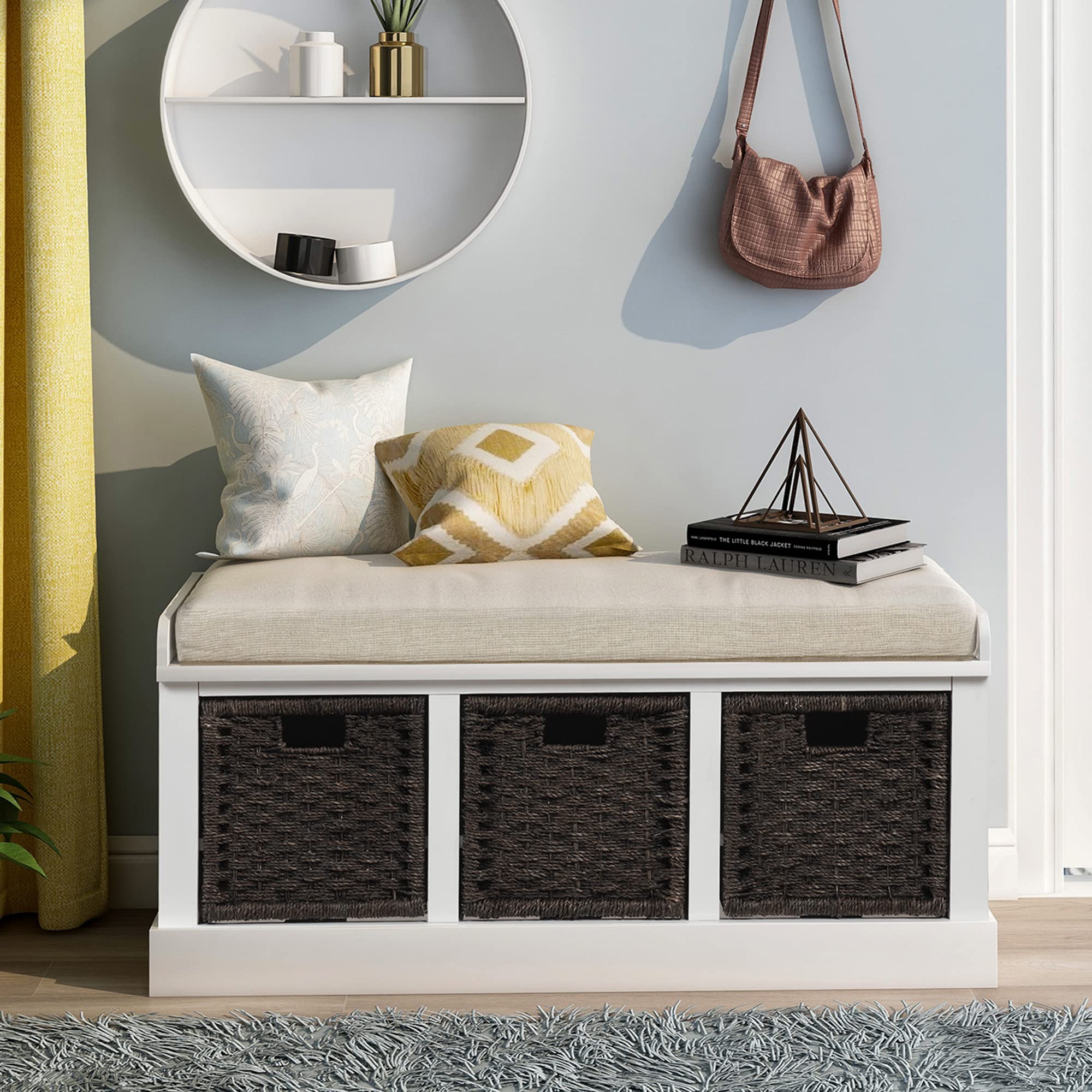 Rustic White Wooden Storage Bench with 3 Removable Baskets & Cushion - Entryway Shoe Bench for Living Room, Bedroom, Hallway | Multi-Functional Entry Seat & Home Decor Organizer