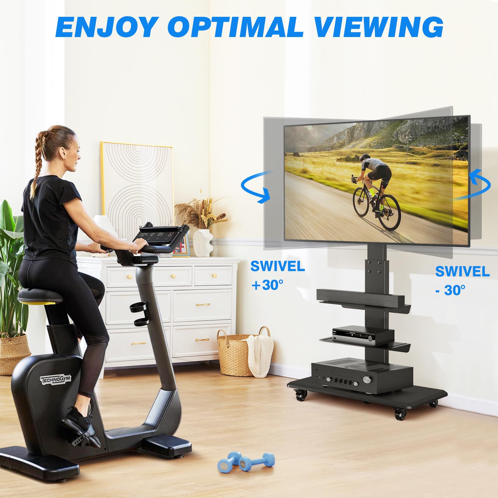 Rfiver Mobile TV Cart Rolling Stand for 40-75 Inch Flat/Curved TVs - Heavy Duty Floor TV Stand with Swivel Mount (110 lbs Capacity) - Height Adjustable Wheels for Living Room, Bedroom & Office Use