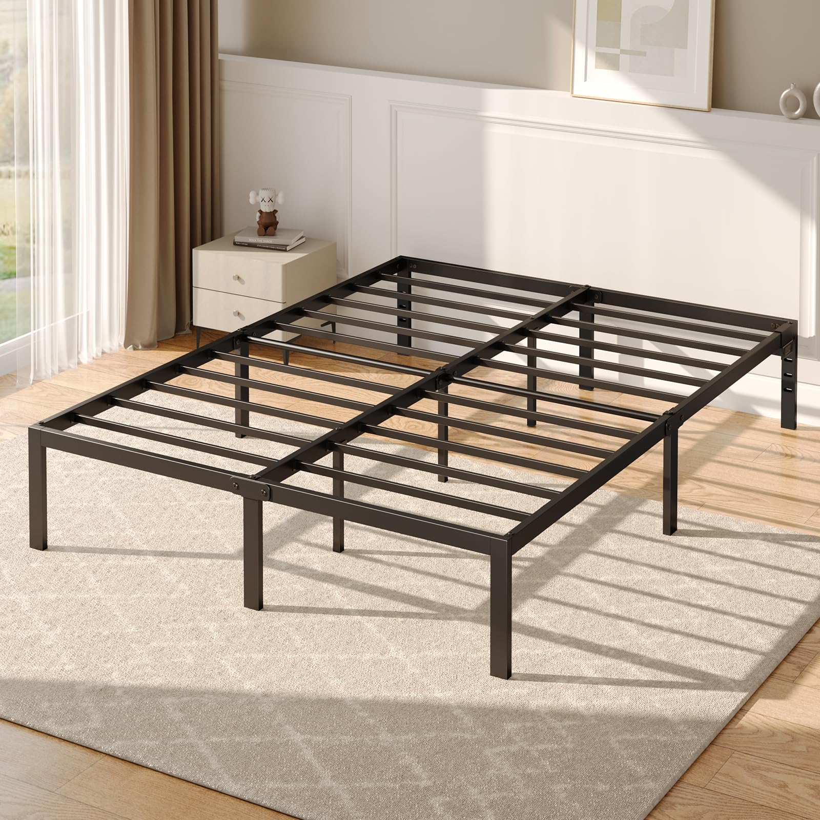 Rolanstar 14 Inch Metal Platform Bed Frame Queen Size with USB Charging Ports - Heavy Duty Steel Slat Support, No Box Spring Needed - Easy Assembly Black Bed Frame for Master Bedroom, Guest Room & Apartment