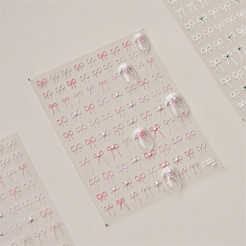 3D Cute Bow Nail Stickers for Nail Art - Pink Pearls Rhinestone Bowknot Nail Decals, Half Pearl Ribbon Stickers for French Manicure | Perfect for Parties, Weddings, and Special Occasions