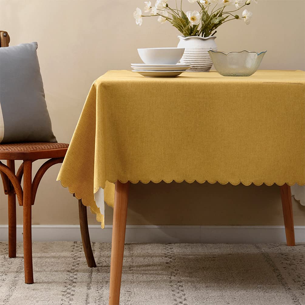 Premium Mustard Yellow Woven Scalloped Tablecloth 56x88 Inches - Wrinkle-Free, Heat-Resistant & Washable Fabric for Dining Tables, Parties, Weddings, Indoor/Outdoor Events - Perfect for Everyday Use & Holiday Decor