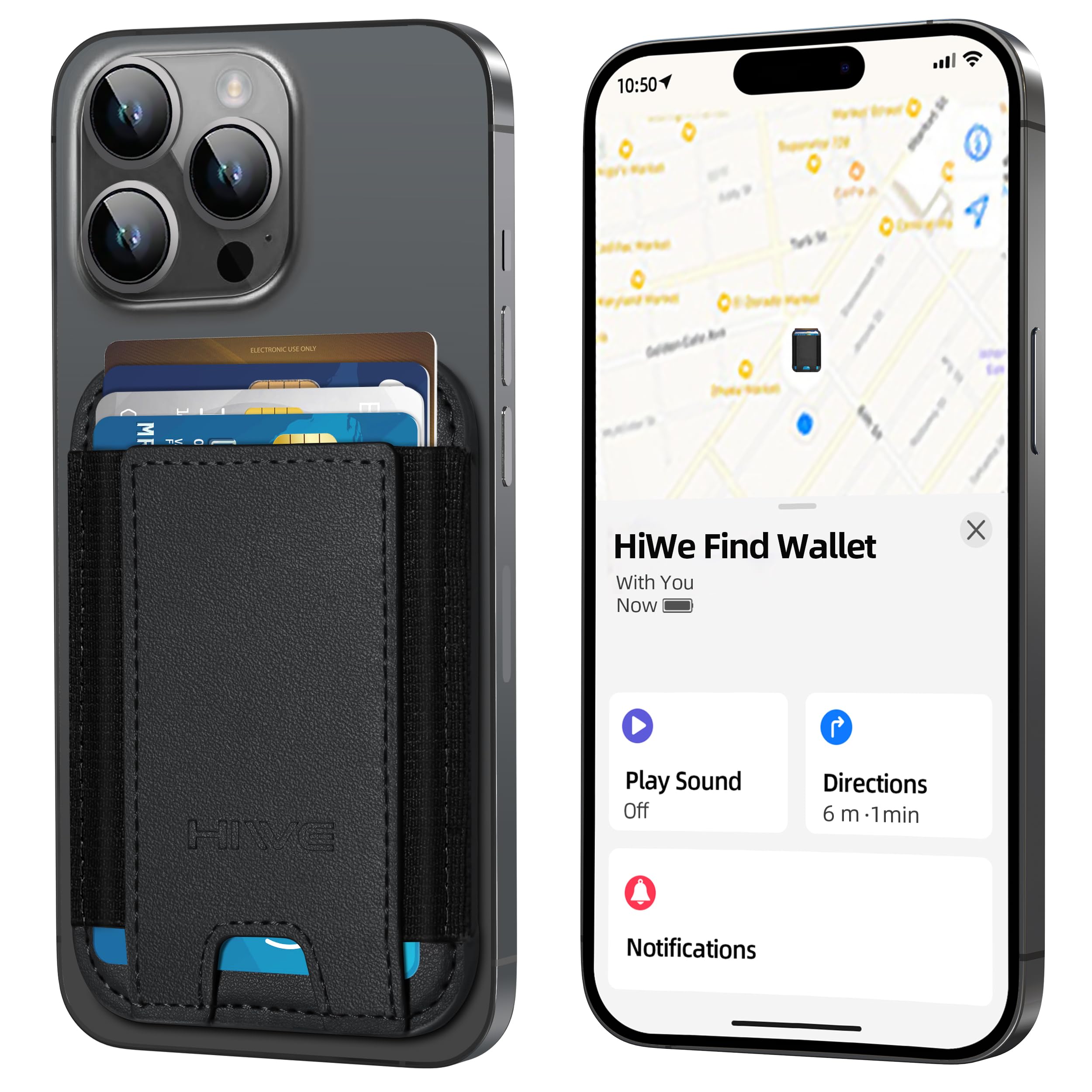 HiWe MagSafe Wallet with Rechargeable Find My Tracker - Slim Vegan Leather Magnetic Wallet for iPhone 16/15/14/13/12 Series | RFID Blocking, 1 Card Slot | Perfect for Travel, Work & Everyday Carry (Black)