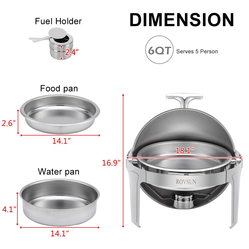 ROVSUN 6 Quart Stainless Steel Chafing Dish Buffet Set - NSF Certified Roll Top Chafer with Food Pan, Water Pan & Fuel Holders - Perfect for Weddings, Parties, Banquets & Catering Events - Keep Food Warm at Buffets, Events & Large Gatherings