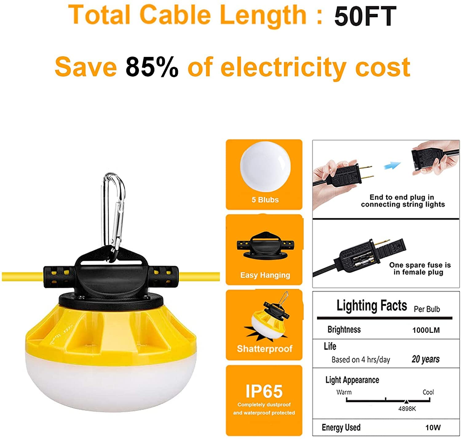 50FT Heavy Duty LED String Lights - Industrial Grade Construction Site Lighting for Renovation, Walkways, Patio, Mining & Outdoor Use - Weatherproof with Hooks (5 Lights) - Perfect for Job Sites, Backyard Parties & Emergency Lighting