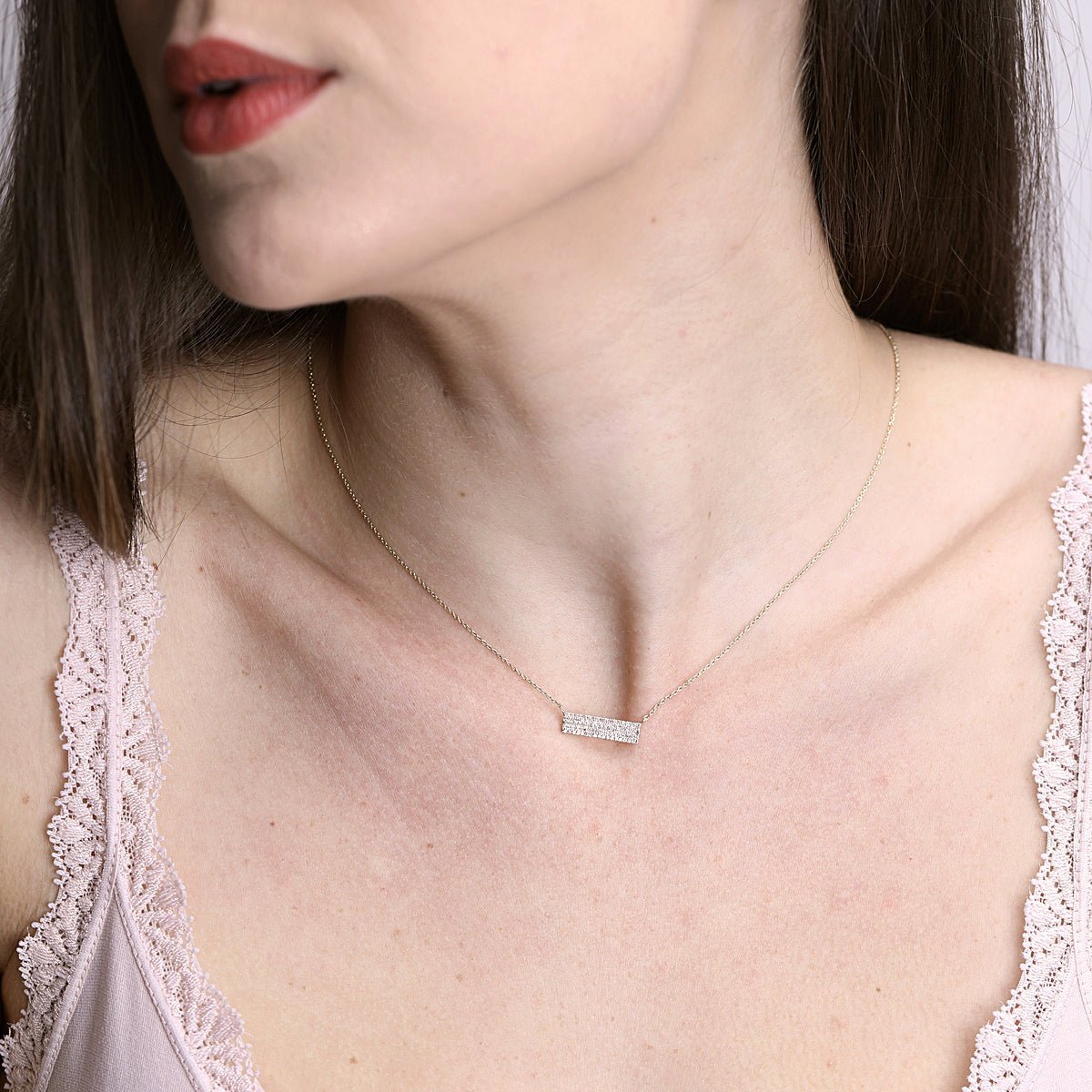 14K Solid Yellow Gold Five Row Diamond Pavé Bar Necklace for Women - Elegant Layered Jewelry Gift for Anniversary, Birthday & Special Occasions