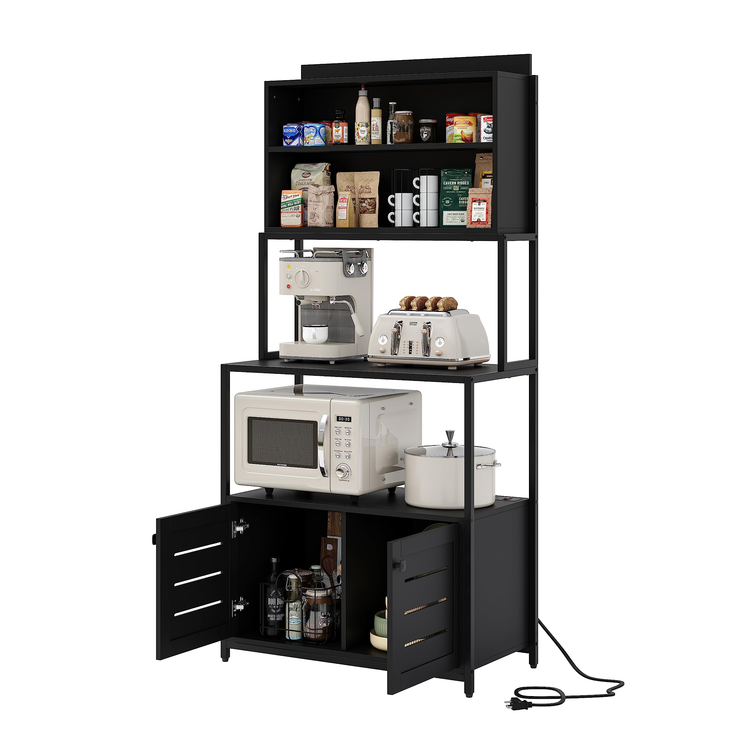 5-Tier Industrial Kitchen Bakers Rack with Power Outlet & Cabinet - Heavy Duty Microwave Stand with Shelves, Black - Perfect for Small Kitchen Storage, Pantry Organization & Baking Supplies Storage