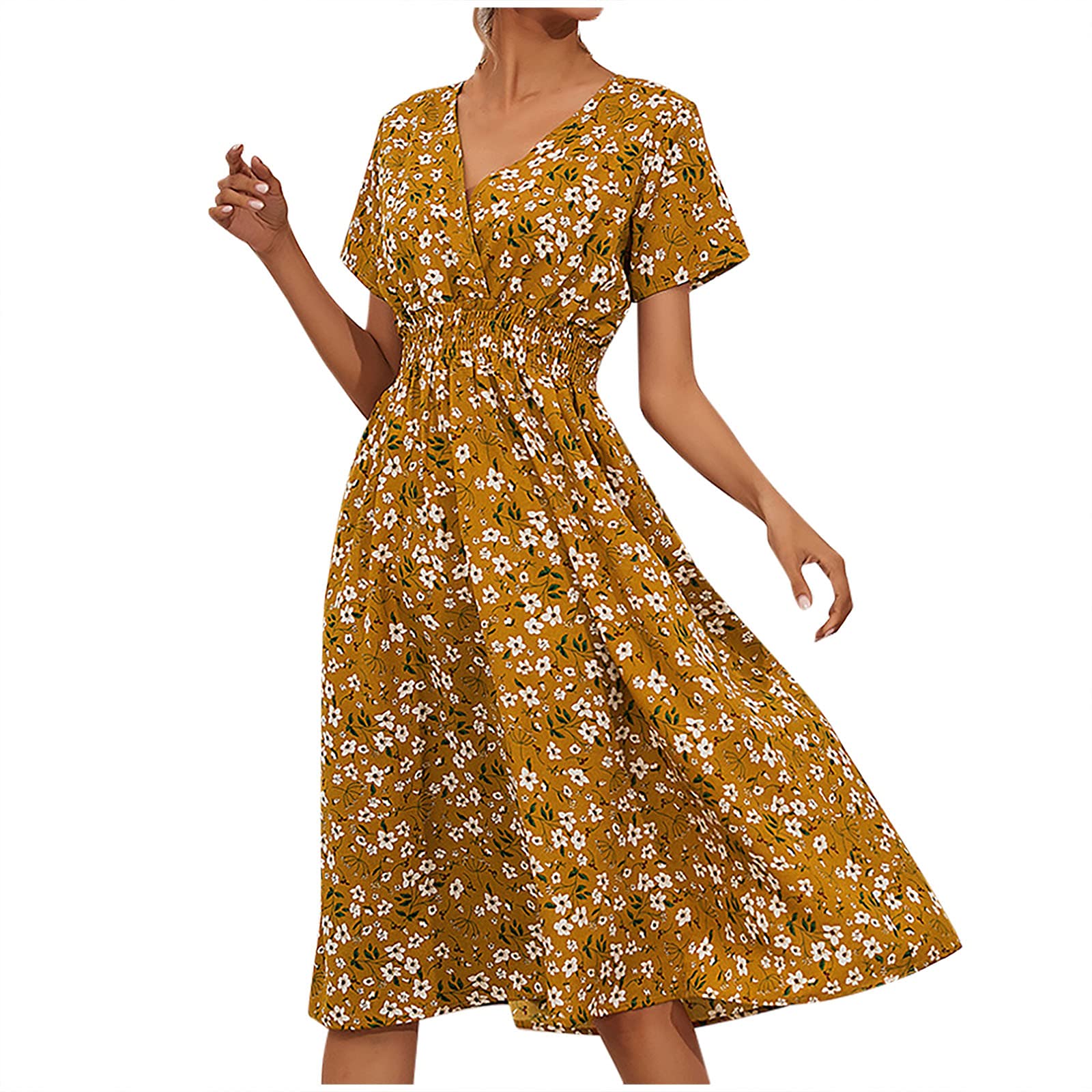 Women's Floral Midi Dress - V Neck Short Sleeve Summer Dress with Elastic Waist & Smocked A-Line Design | Perfect for Beach Vacations, Brunch Dates & Casual Outings