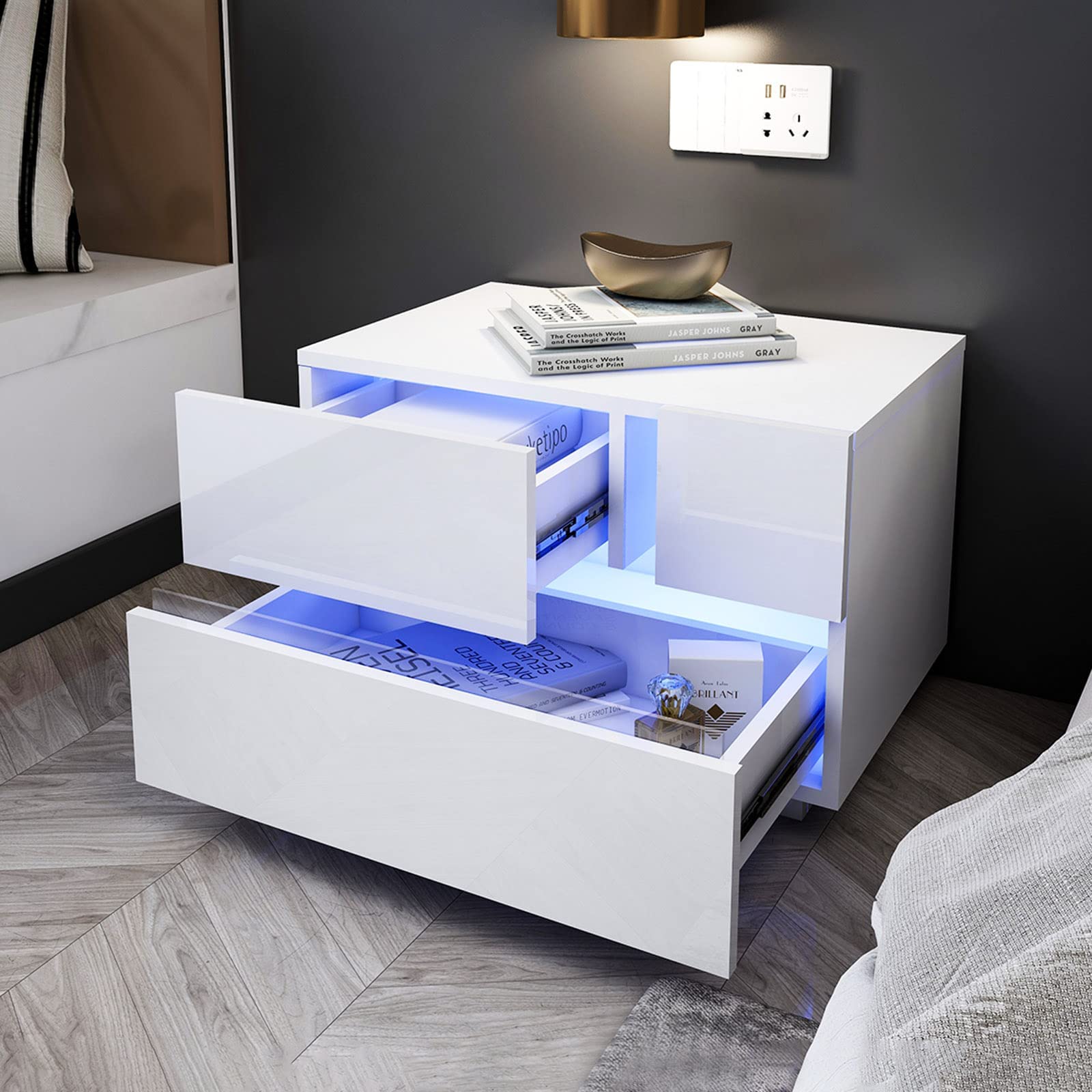 Prapark White LED Nightstand with 2 High Gloss Drawers - Modern Bedside Table for Bedroom - Perfect for Small Spaces, Apartment Living & Reading Nook Lighting