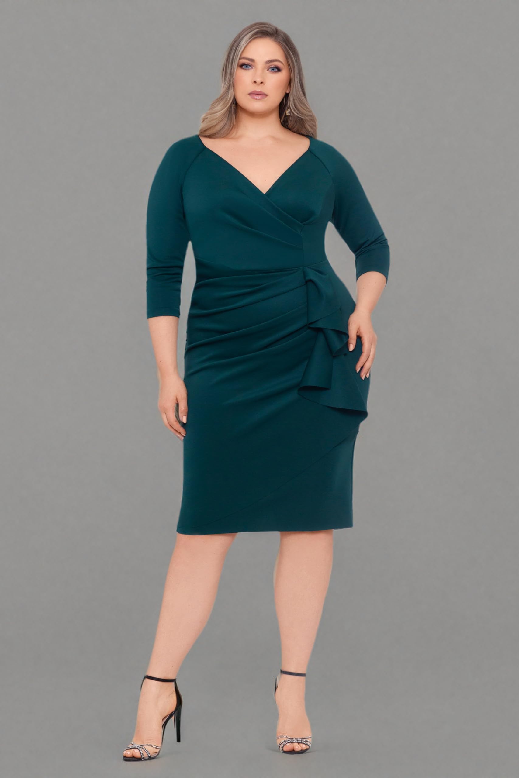 Xscape Women's Plus Size Midi V-Neck 3/4 Sleeve Side Ruched Dress - Flattering Casual & Office Wear for Curvy Women