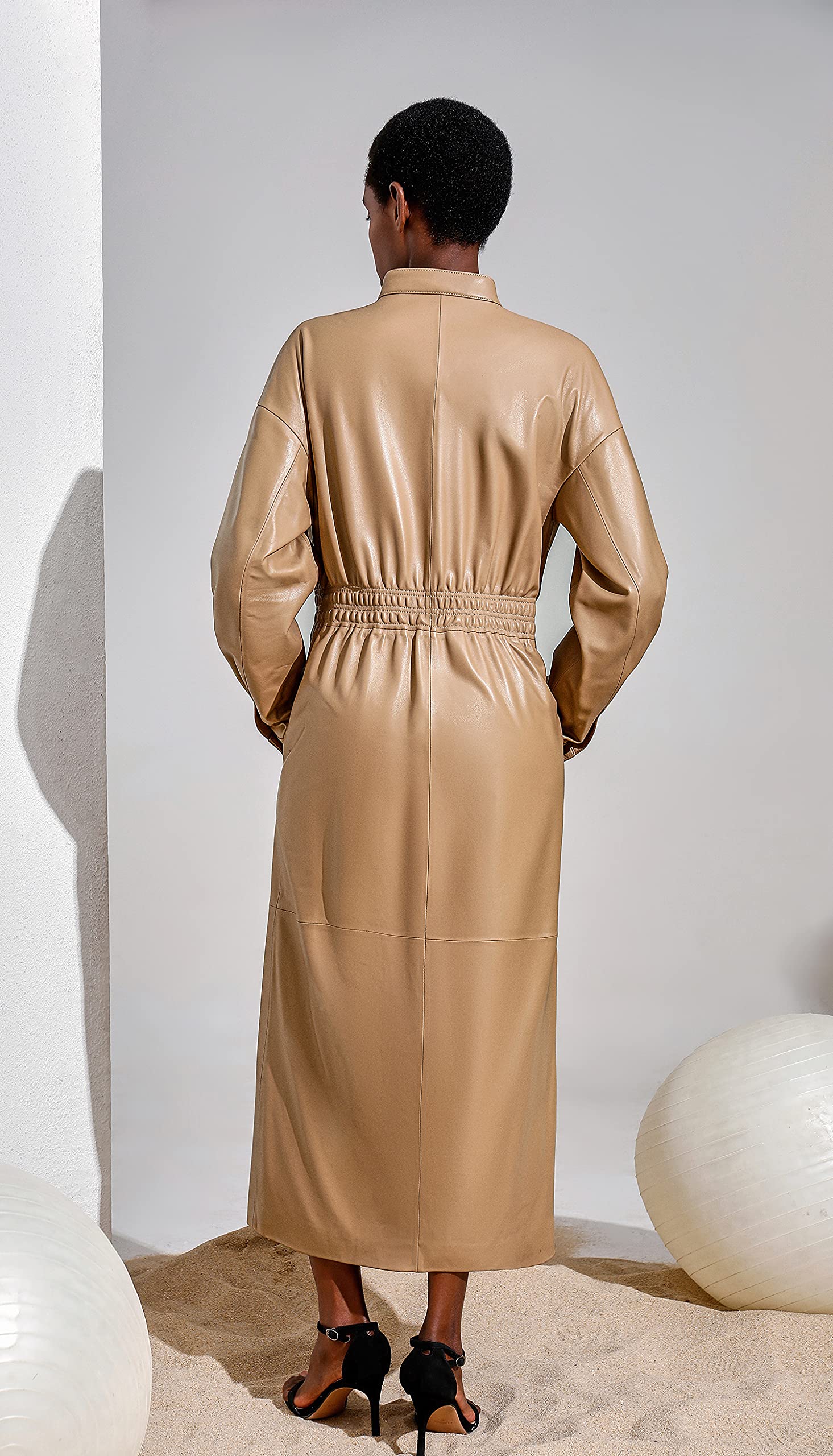 Women's Genuine Leather Long Trench Coat - Slim Fit Stand Collar Maxi Dress Coat in Camel | SmartUniverseWear | Perfect for Office, Evening Out & Fall Fashion