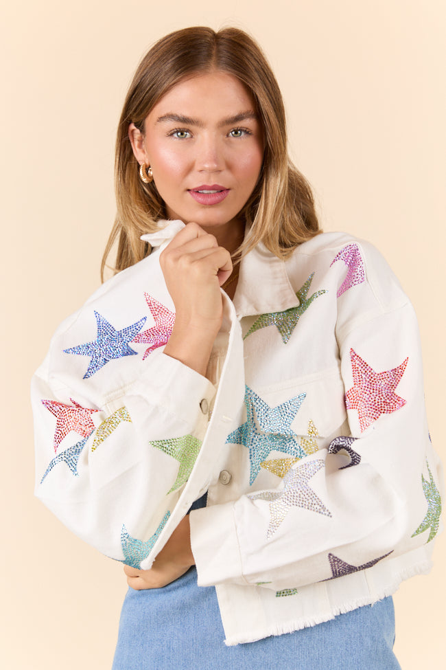 Shine Bright White Embellished Star Denim Jacket for Women - Trendy Distressed Vintage Style Denim Coat with Rhinestone Decorations - Perfect for Concerts, Parties & Casual Outfits