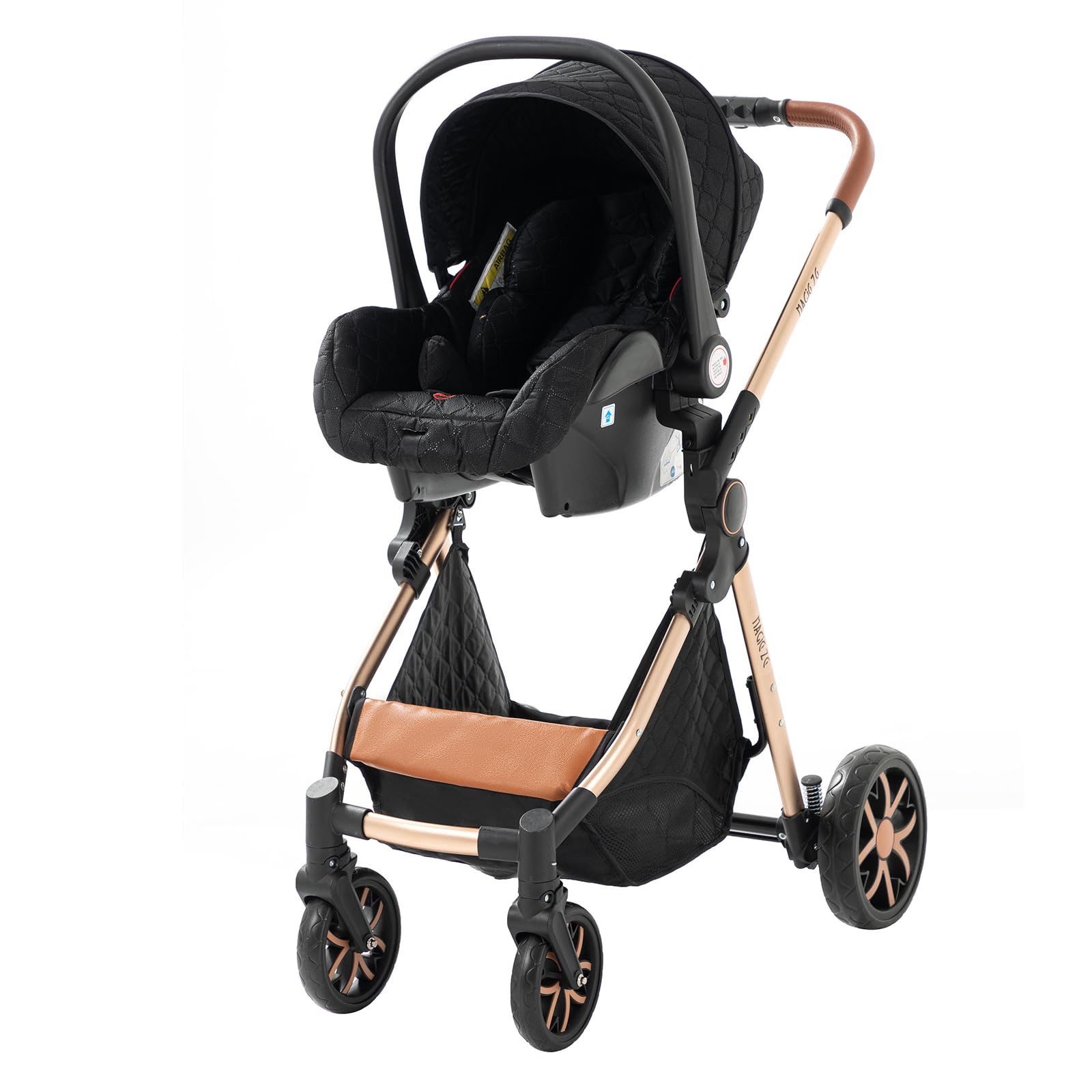3 in 1 Baby Stroller Travel System - Reversible Newborn Foldable Pram with Infant High Landscape Pushchair, Portable Standard Stroller & Reclining Buggy | Perfect for Shopping, Travel & Outdoor Walks (MGV9-BLACKGOLD without Base)