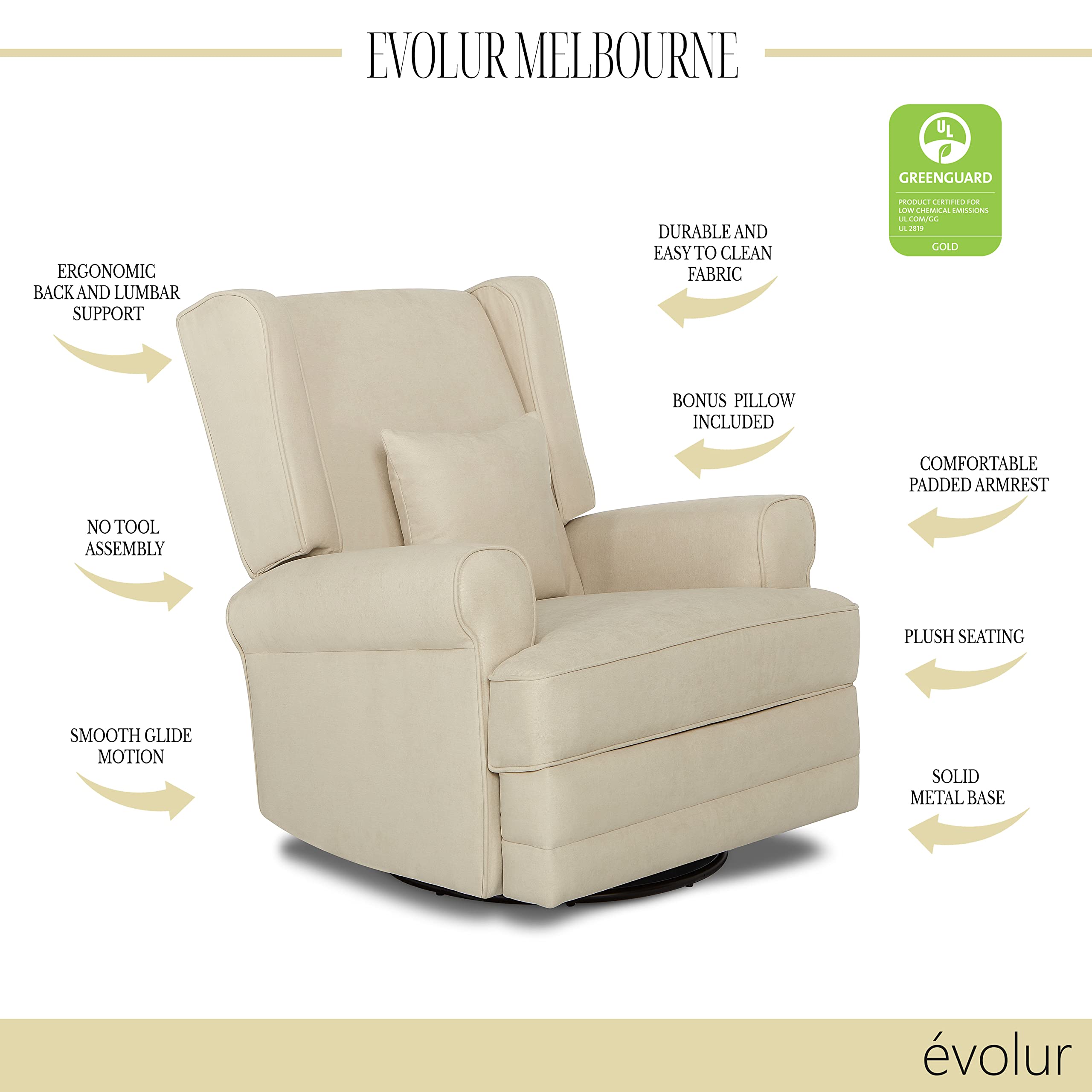 Melbourne Upholstered Swivel Glider Chair - Modern Nursery Recliner with Bonus Pillow | Greenguard Gold Certified | Easy to Clean & Tool-Free Assembly | Perfect for Nursery, Bedroom & Breastfeeding