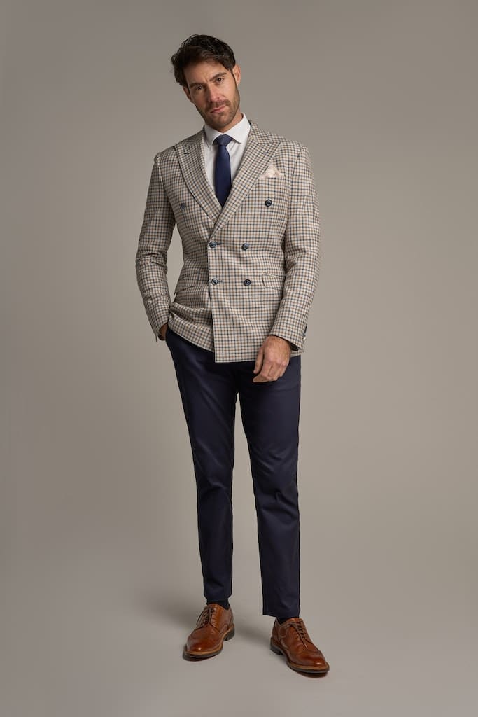 Sergio Cavani Double Breasted Beige Checkered Blazer for Men - Elegant Business Formal Wear & Office Suit Jacket for Weddings, Meetings, and Professional Events
