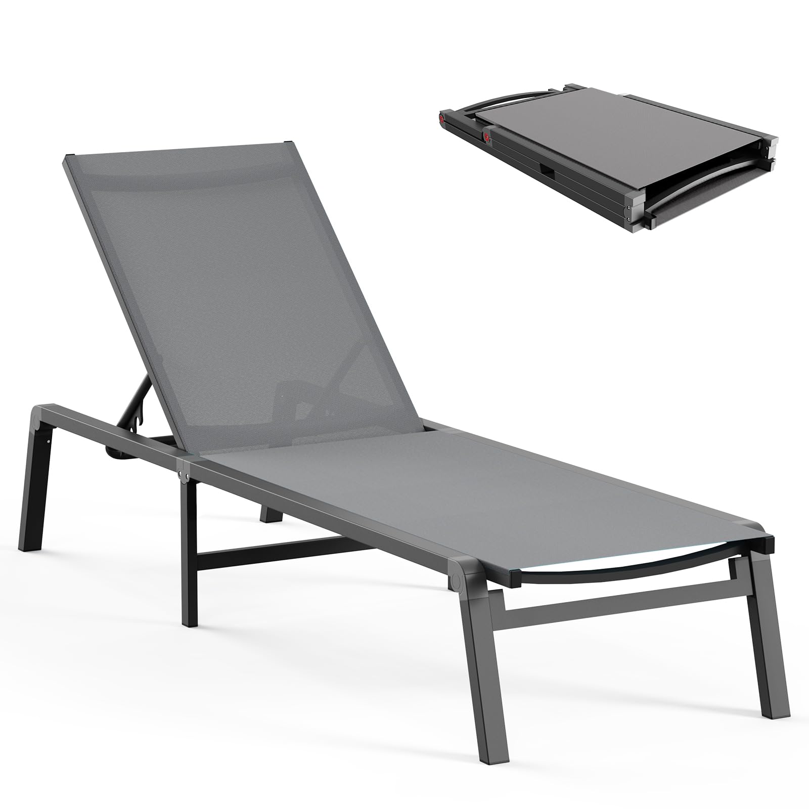 Premium Aluminum Chaise Lounge Chair - Foldable & No-Assembly Outdoor Recliner with 5 Adjustable Backrest Positions, Water-Resistant Patio Furniture for Poolside, Beach, Garden & Backyard Relaxation (Grey)