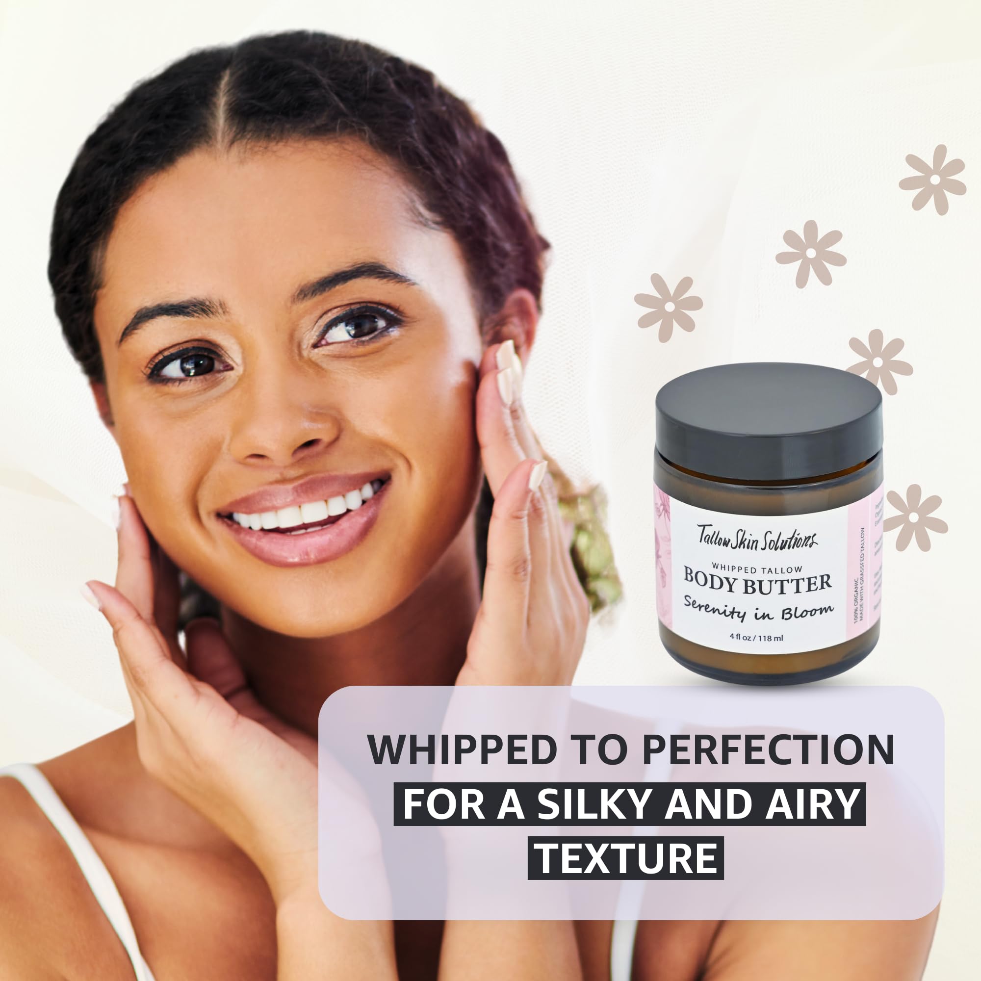 Grass-Fed Whipped Tallow Body Butter - All Natural Moisturizer for Dry & Sensitive Skin | USDA Certified | 4oz Glass Jar | Perfect for Eczema, Psoriasis & Baby Care | Serenity in Bloom Collection