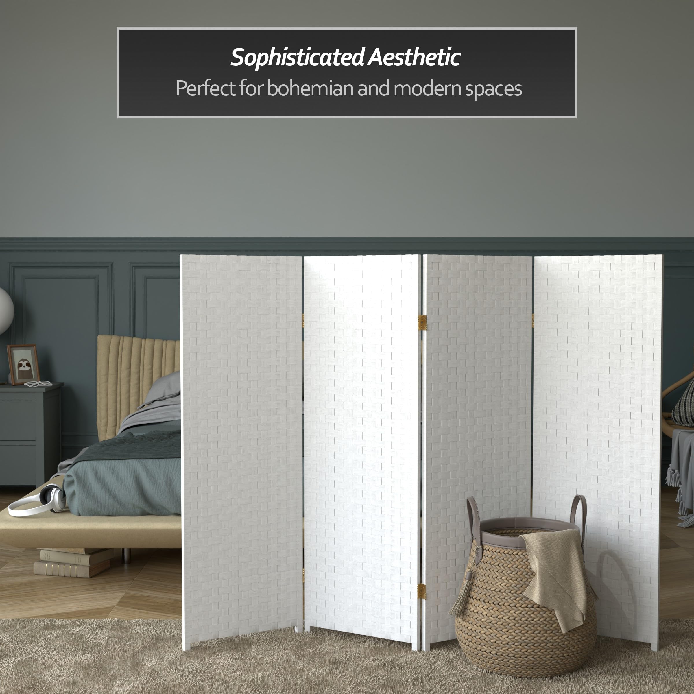 4 ft. Short Woven Fiber Folding Room Divider Screen - White - 4 Panel Privacy Partition for Home, Office, or Studio Decor