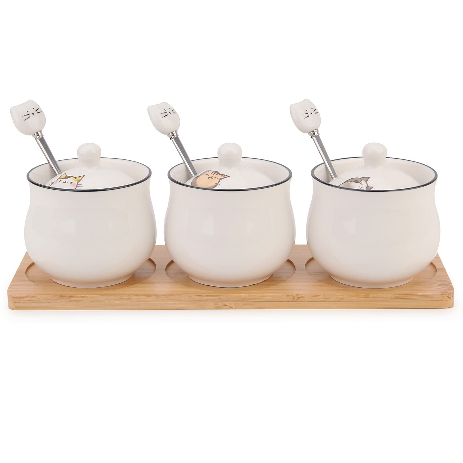 Premium Ceramic Sugar Bowls Set with Lids & Spoons - 8.1oz/240ml White Condiment Jars for Salt, Pepper & Seasonings - Includes Bamboo Tray - Perfect for Kitchen, Dining Table & Coffee Bar Organization
