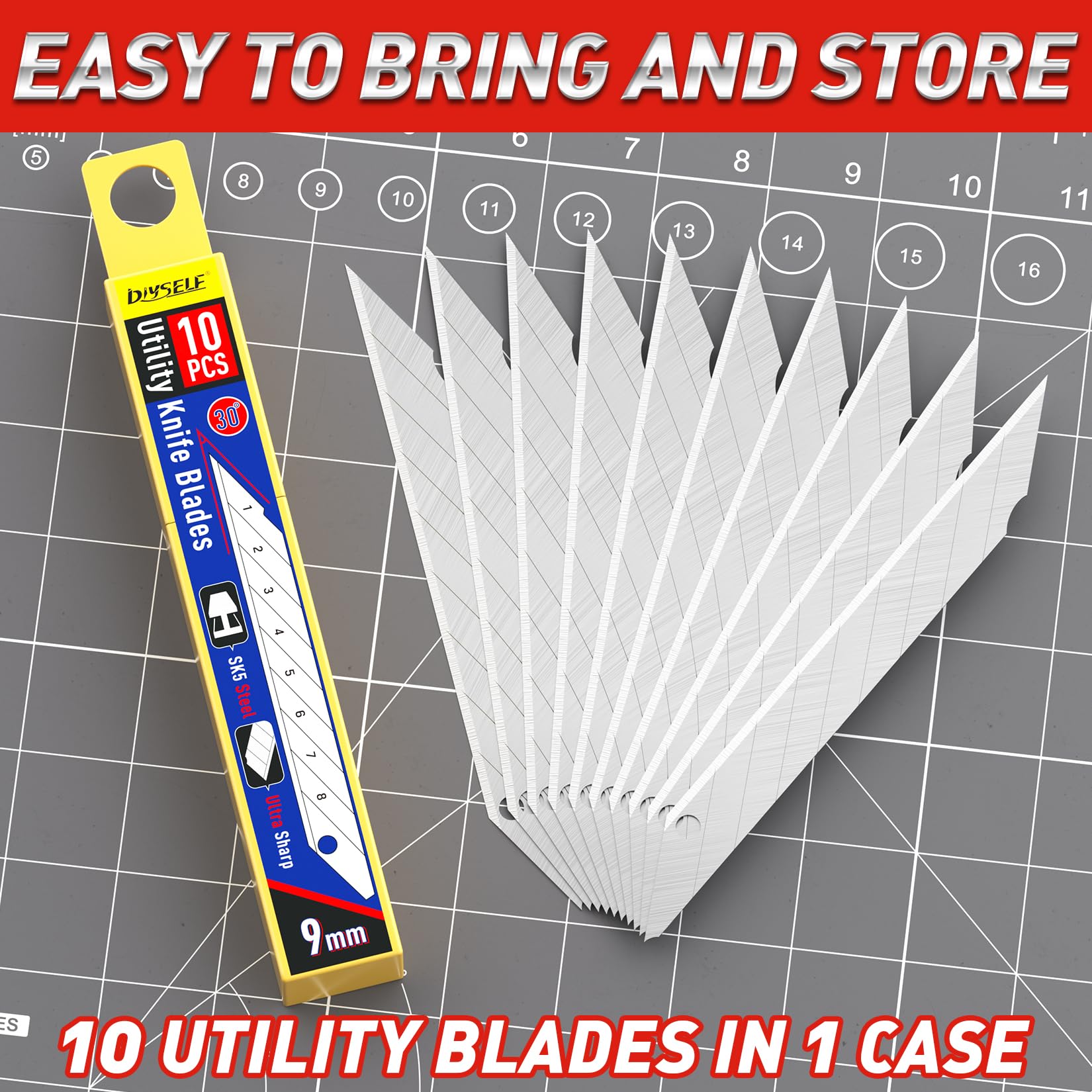 DIYSELF 50-Pack 9mm Utility Knife Blades - High Carbon Steel Snap-Off Box Cutter Blades Refills (30 Degree Angle) for Packaging, Crafting & Office Use