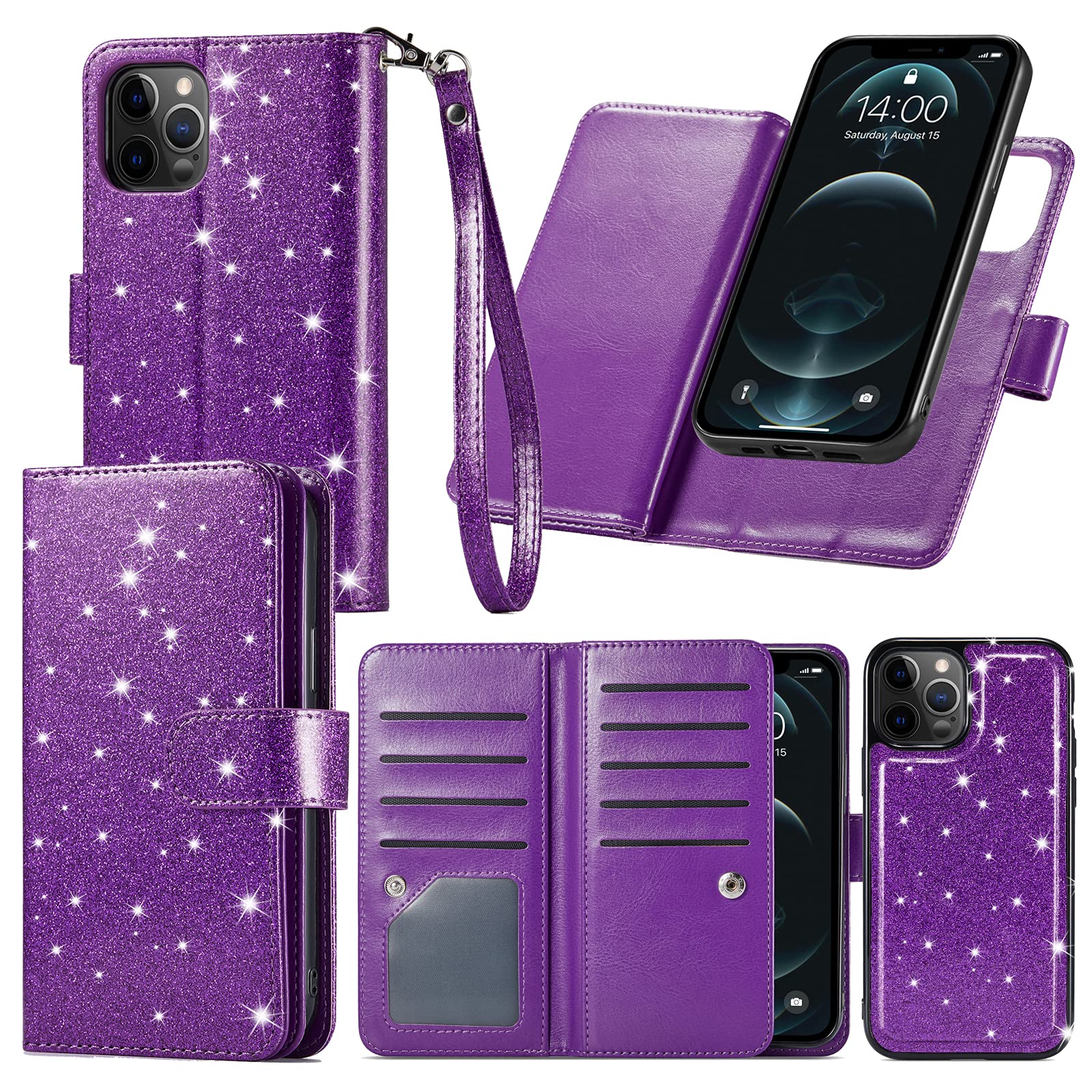 Varikke iPhone 11 Wallet Case with Card Holder - Detachable Magnetic Flip Cover, Kickstand & Wrist Strap - Glitter PU Leather Phone Case for Women (Dark Purple) - Perfect for Shopping, Travel & Daily Use