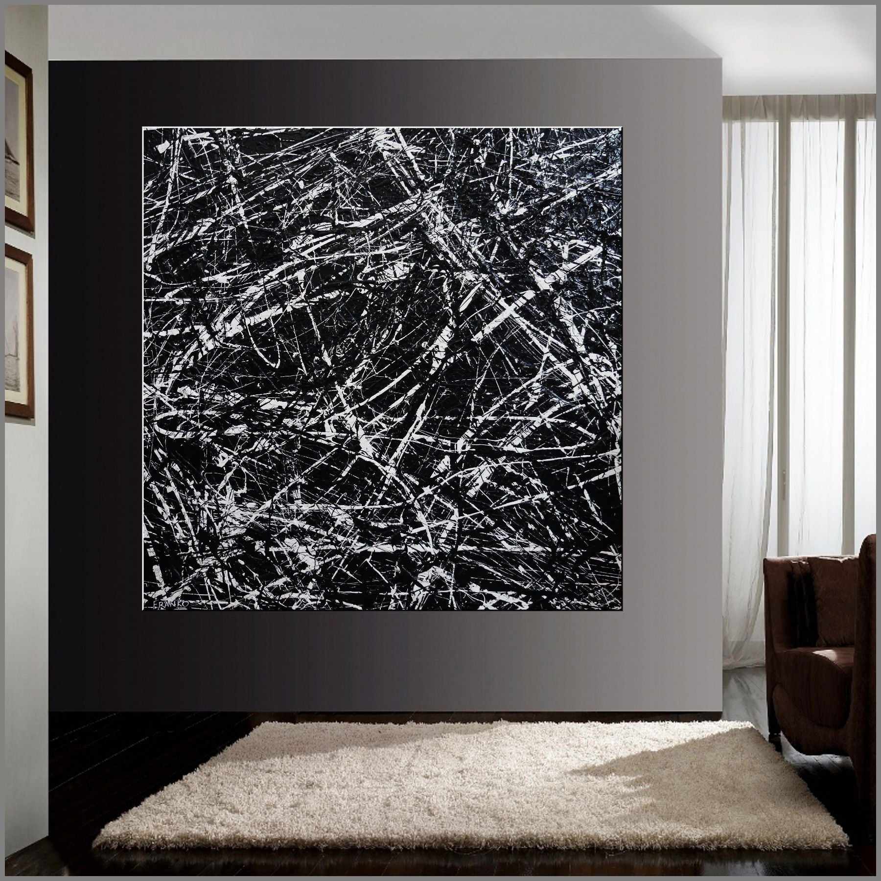Scattergate 150cm x 150cm Black White Textured Abstract Canvas Wall Art - Modern Home Decor for Living Room, Bedroom & Office