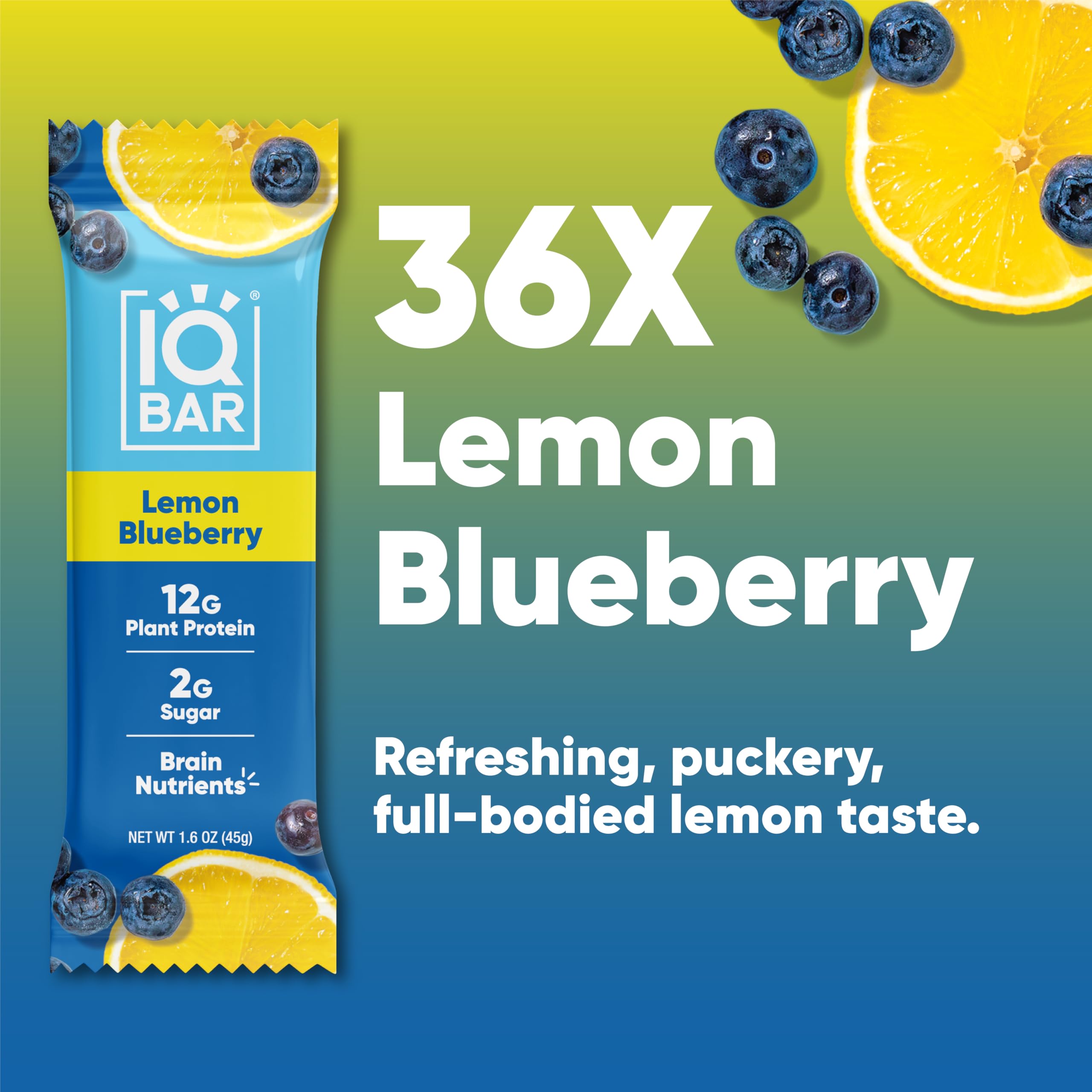 IQBAR Brain and Body Plant Protein Bars - Lemon Blueberry (36 Count) | Low Carb, Gluten Free, High Fiber Vegan Snacks | Keto Friendly Meal Replacement for Workout Recovery, Office Snacking & On-the-Go Nutrition
