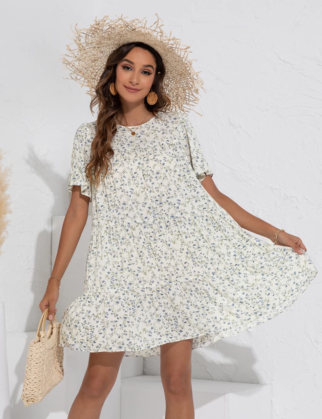 Locachy Women's Summer Floral Print Pleated Mini Dress with Ruffle Sleeves - Casual Beachwear, Party Outfit & Vacation Dress for Women